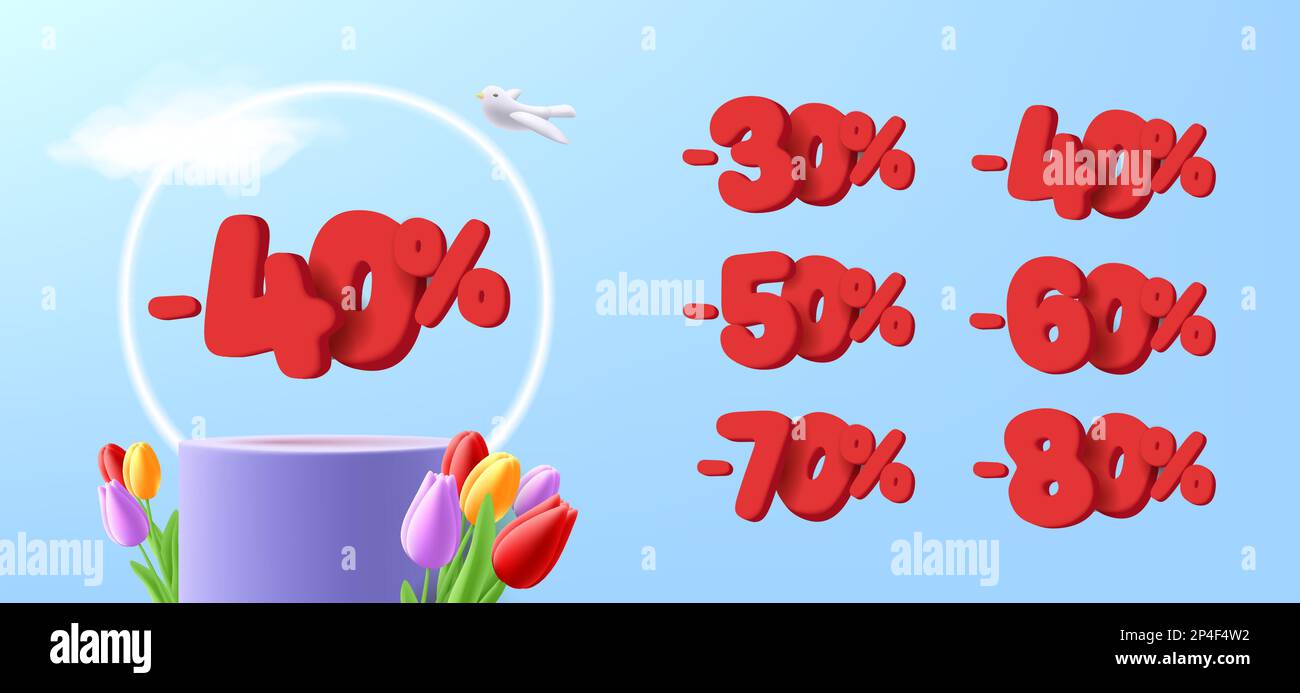 Set di 3D numeri di volume arrotondato, percentuale di sconto con podio di posizionamento del prodotto, composizione primaverile con fiori di tulipano e anello al neon, sconto primaverile Illustrazione Vettoriale