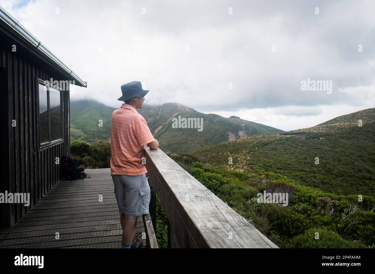 Uno zaino che guarda le vedute dalla capanna Pouakai, circuito Pouakai, Parco Nazionale Egmont. Foto Stock