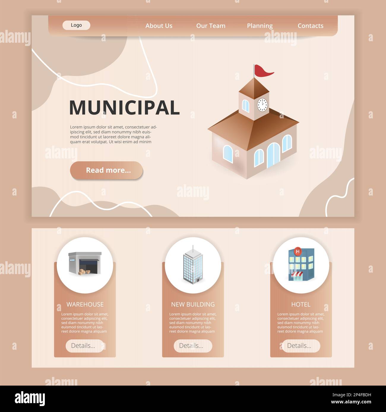 Modello sito web della landing page municipale. Magazzino, edificio nuovo, hotel. Banner Web con intestazione, contenuto e piè di pagina. Illustrazione vettoriale. Illustrazione Vettoriale