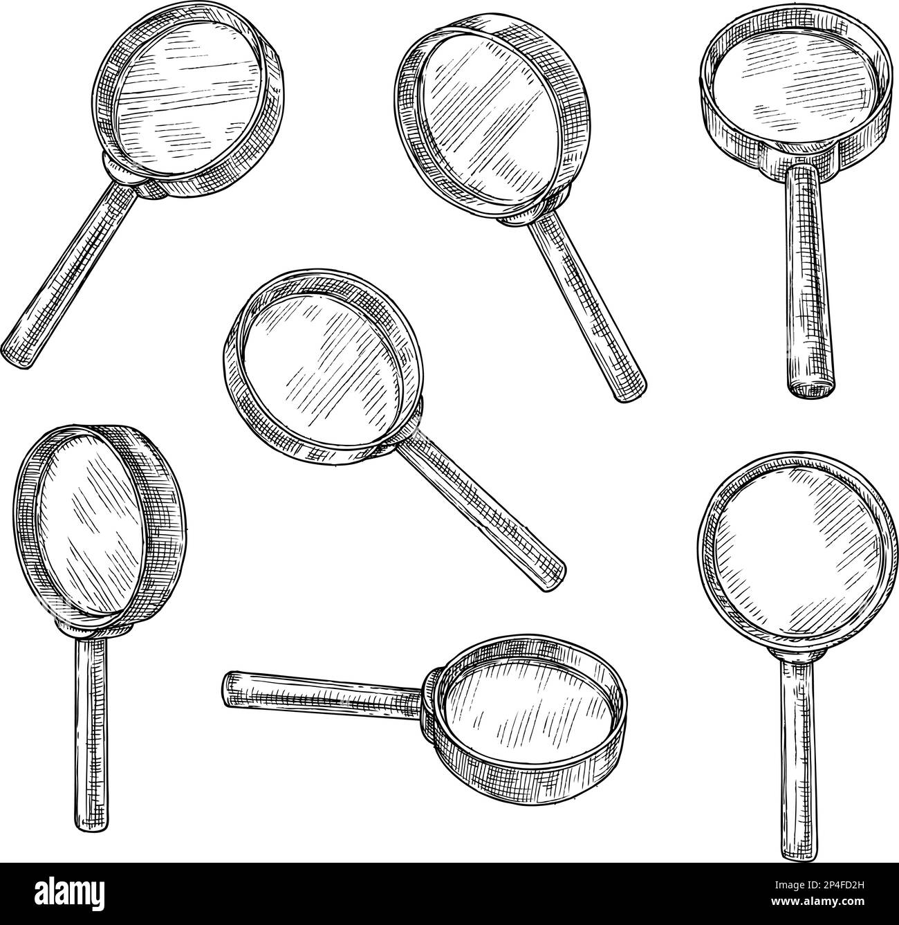 Lente di ingrandimento dello schizzo. Incisione con lenti d'epoca, set di illustrazioni vettoriali con lente d'ingrandimento antica disegnata a mano Illustrazione Vettoriale