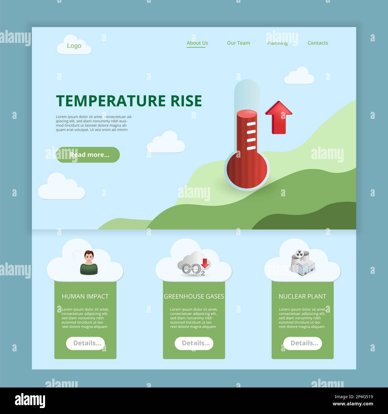 Modello di sito Web della landing page dell'aumento della temperatura. Impatto umano, gas a effetto serra, centrale nucleare. Banner Web con intestazione, contenuto e piè di pagina. Vettore Illustrazione Vettoriale