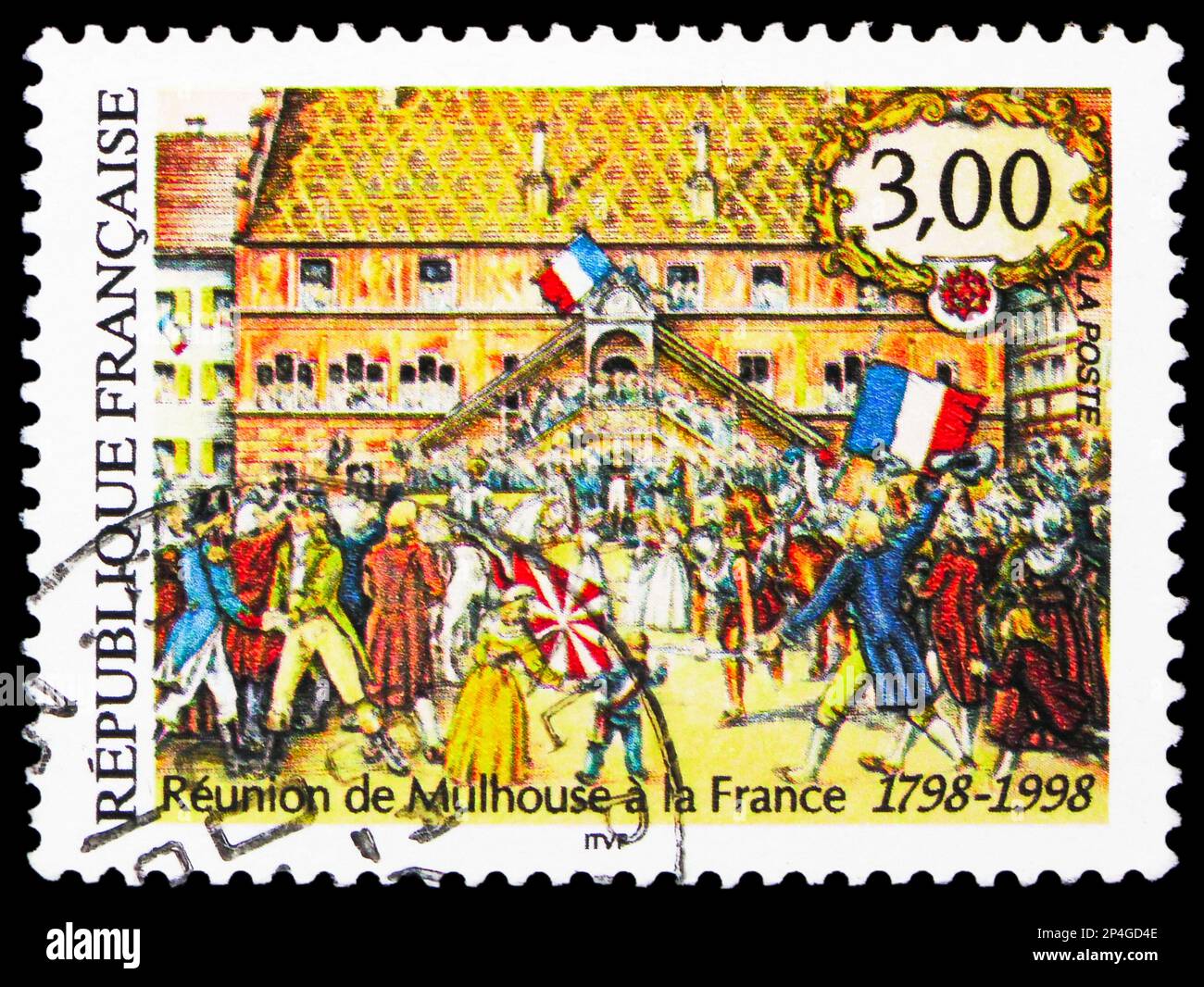 MOSCA, RUSSIA - 15 FEBBRAIO 2023: Francobollo stampato in Francia mostra il bicentenario dell'Unione di Mulhouse con la Francia, circa 1998 Foto Stock