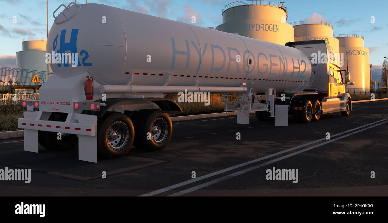 Auto con autocisterna sulla strada accanto a serbatoi di idrogeno liquido-visione del futuro.3D illustrazione Foto Stock