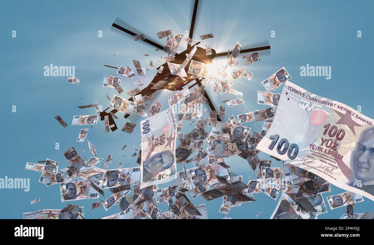 Lira turca banconote elicottero denaro in calo. Turchia 100 TRY Notes abstract 3D concetto di inflazione, stampa di denaro, finanza, economia, crisi e. Foto Stock