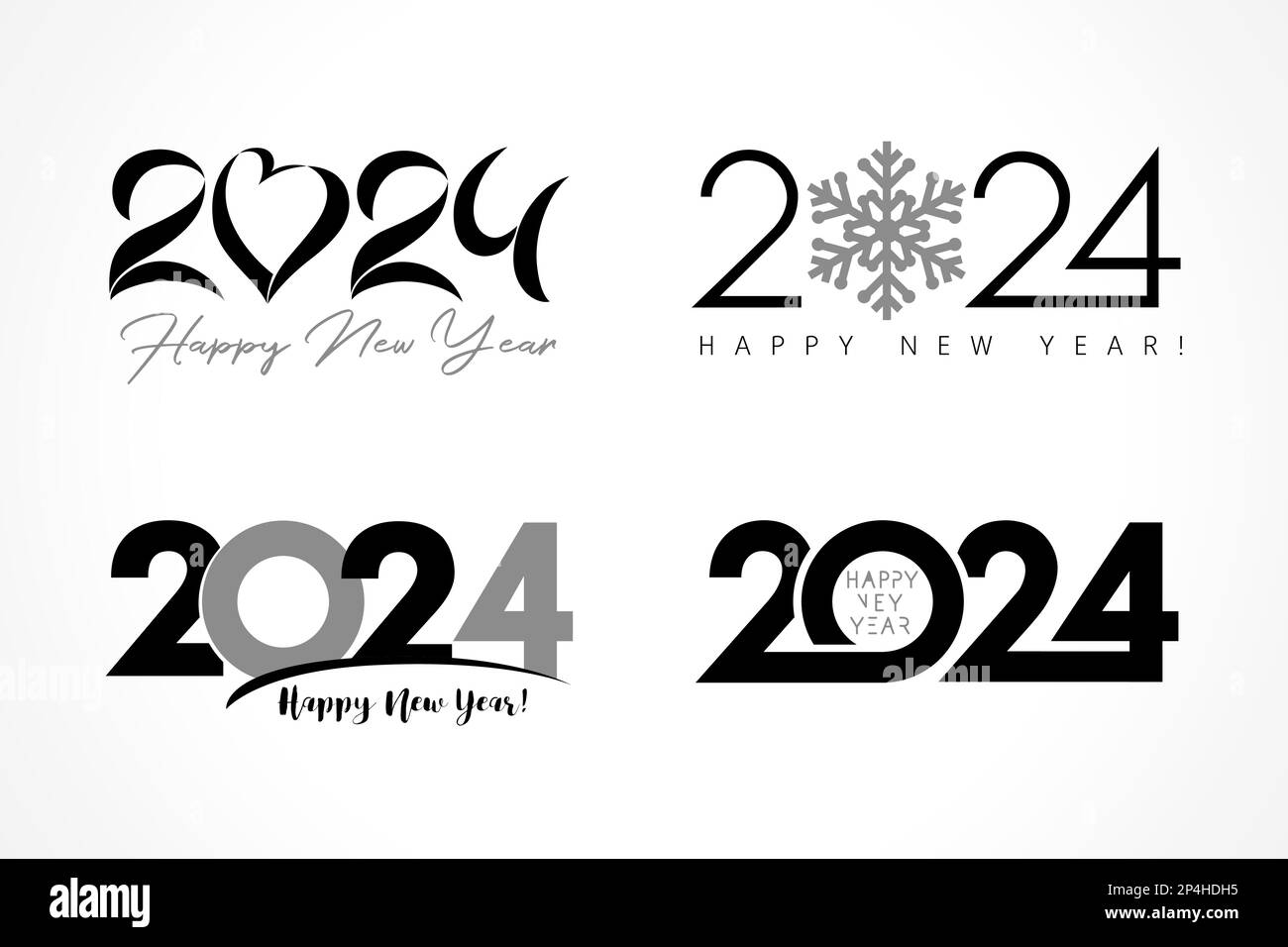 Grande set di 2024, logo testo con fiocco di neve, cuore e iscrizione. Felice anno nuovo 2024, simboli isolati del modello grafico. Carta vettoriale creativa Illustrazione Vettoriale