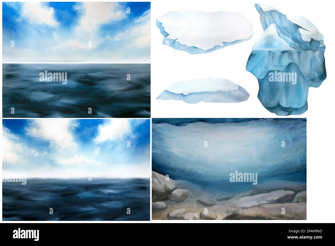 acquerello illustrazione del paesaggio del mare del nord e del mondo sottomarino, cielo blu, iceberg, galleggianti di ghiaccio isolati su sfondo bianco Foto Stock