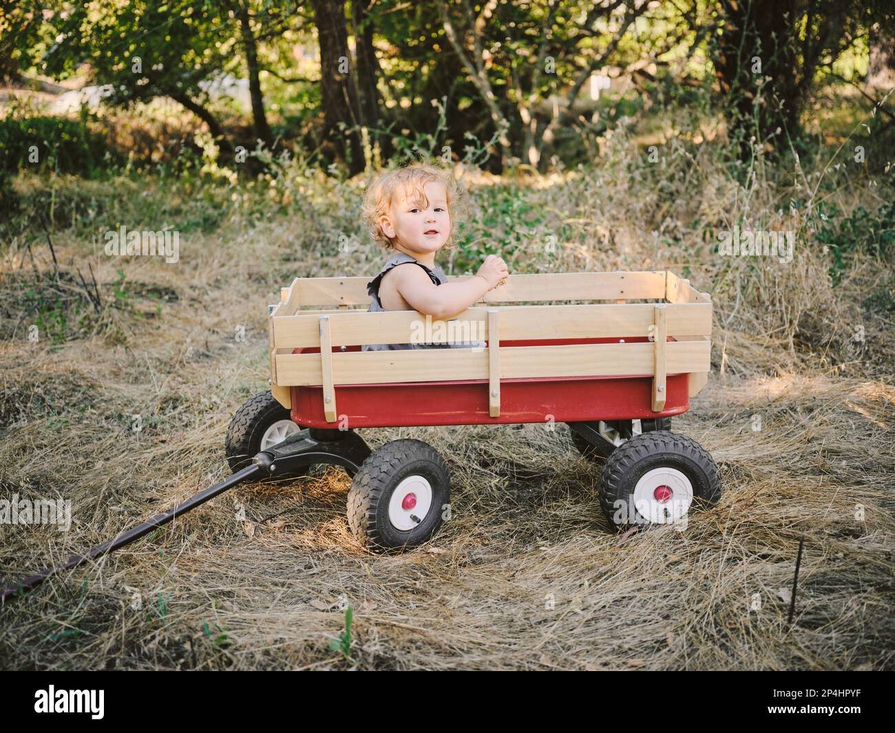 Il bambino si siede in un carro del volantino della radio nella contea di Marin, California. Foto Stock