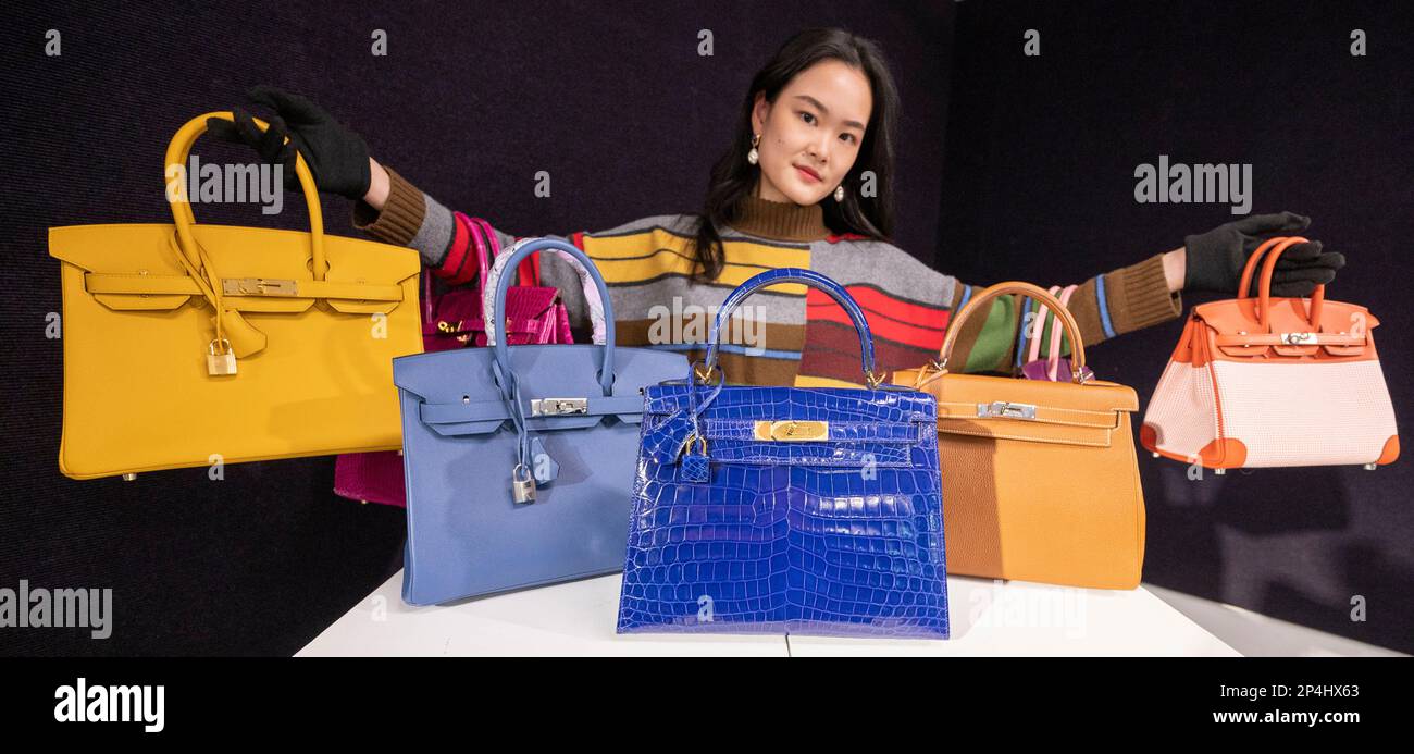 Bonhams Knightsbridge, Londra, Regno Unito. 6 marzo 2023. Photocall for Designer Handbags & Fashion sale che si svolge il 9 marzo. I punti salienti includono: Hermes Shiny Rose Scheherezade Porosus Crocodile Birkin 20, 2015, stima £20.000-30.000; Hermes Jaune Ambre Epsom Leather Birkin 30, 2018, stima £12.000-18.000; (parte anteriore centrale) Hermes Special Order Shiny Bleu Electrique niloticus Crocodile Sellier Kelly 28, 2018, stima £22.000-28.000; Hermes Ordine speciale Bi-Colour Anemone e Rose Confetti pelle Chevre Birkin 30, 2013, stima £ 12.000-16.000. Credit: Malcolm Park/Alamy Live News. Foto Stock