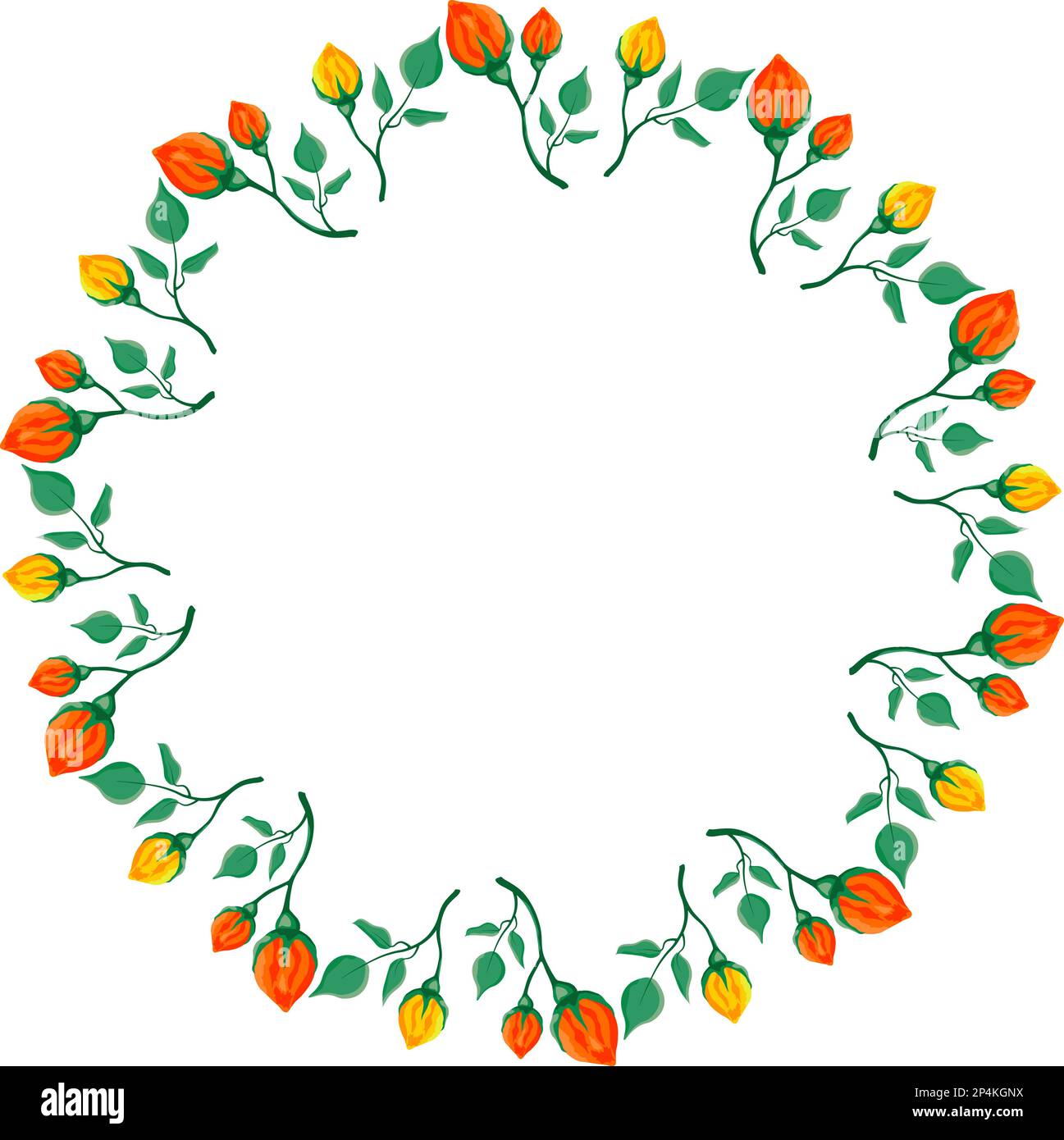 Elegante bordo circolare con motivi floreali in fiori di rosa gialli e rossi con foglie Illustrazione Vettoriale