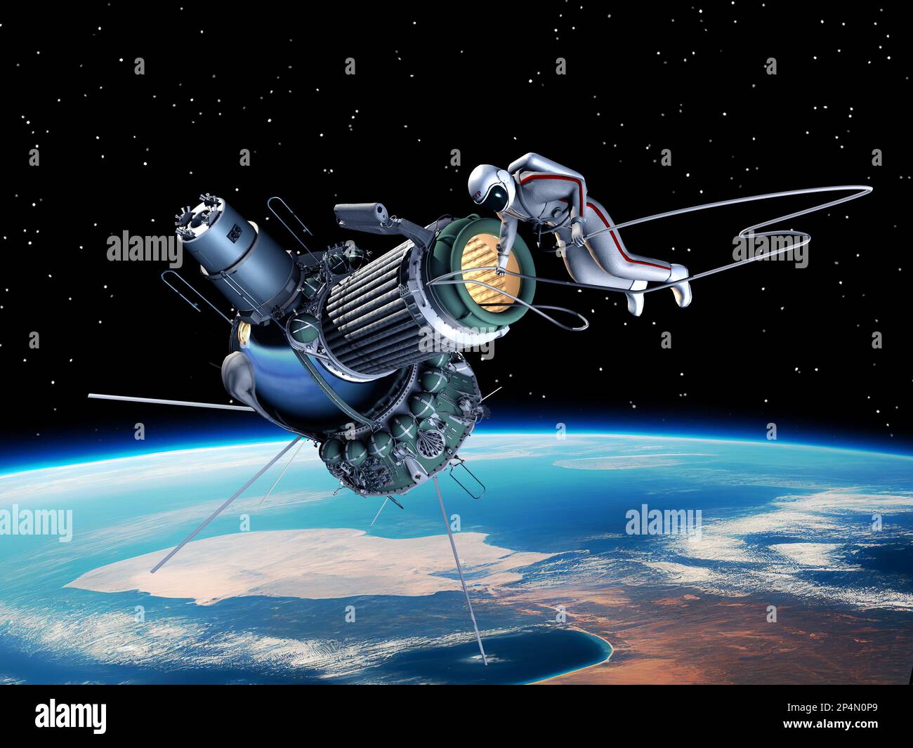 Prima pista da sci dalla navicella spaziale Voschod-2. rendering 3d. Illustrazione 3D Foto Stock
