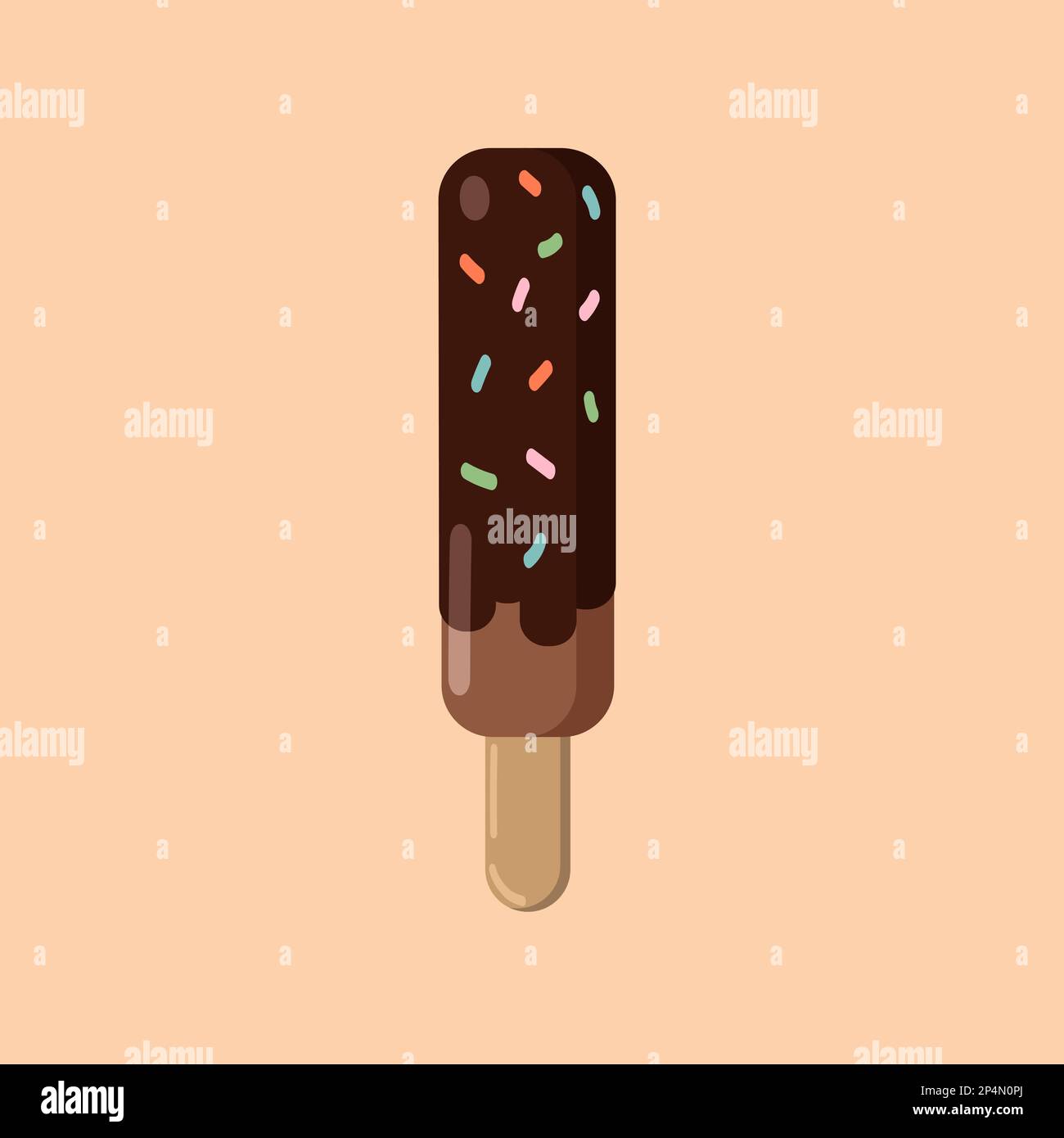 Gelato al cioccolato con rivestimento al cioccolato su bastoncino con spolverature multicolore su sfondo beige. Vettore. EPS10 Illustrazione Vettoriale