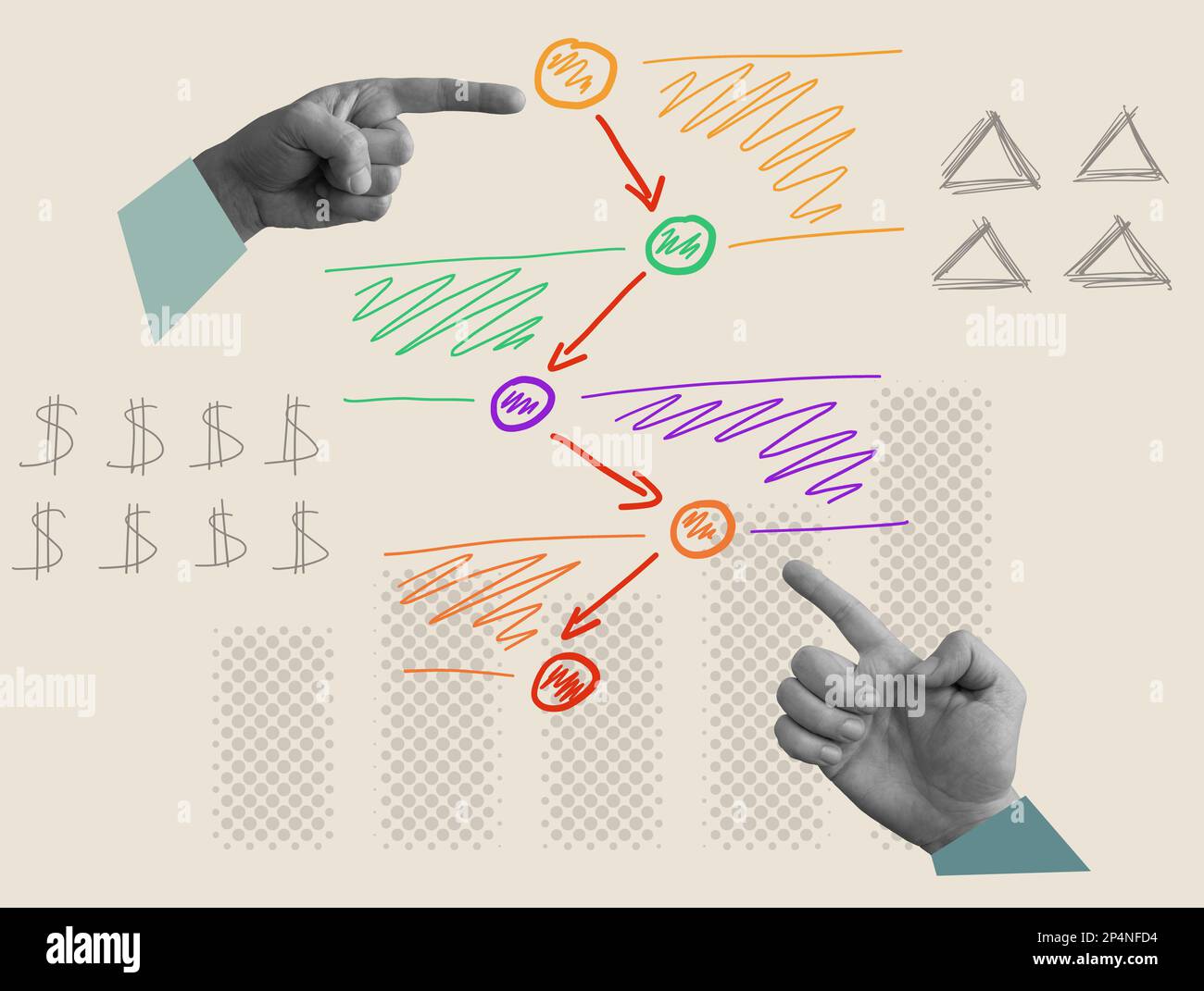 Concetto simbolico di imbuto di marketing o mappa del percorso del cliente con mani e schema. Foto Stock