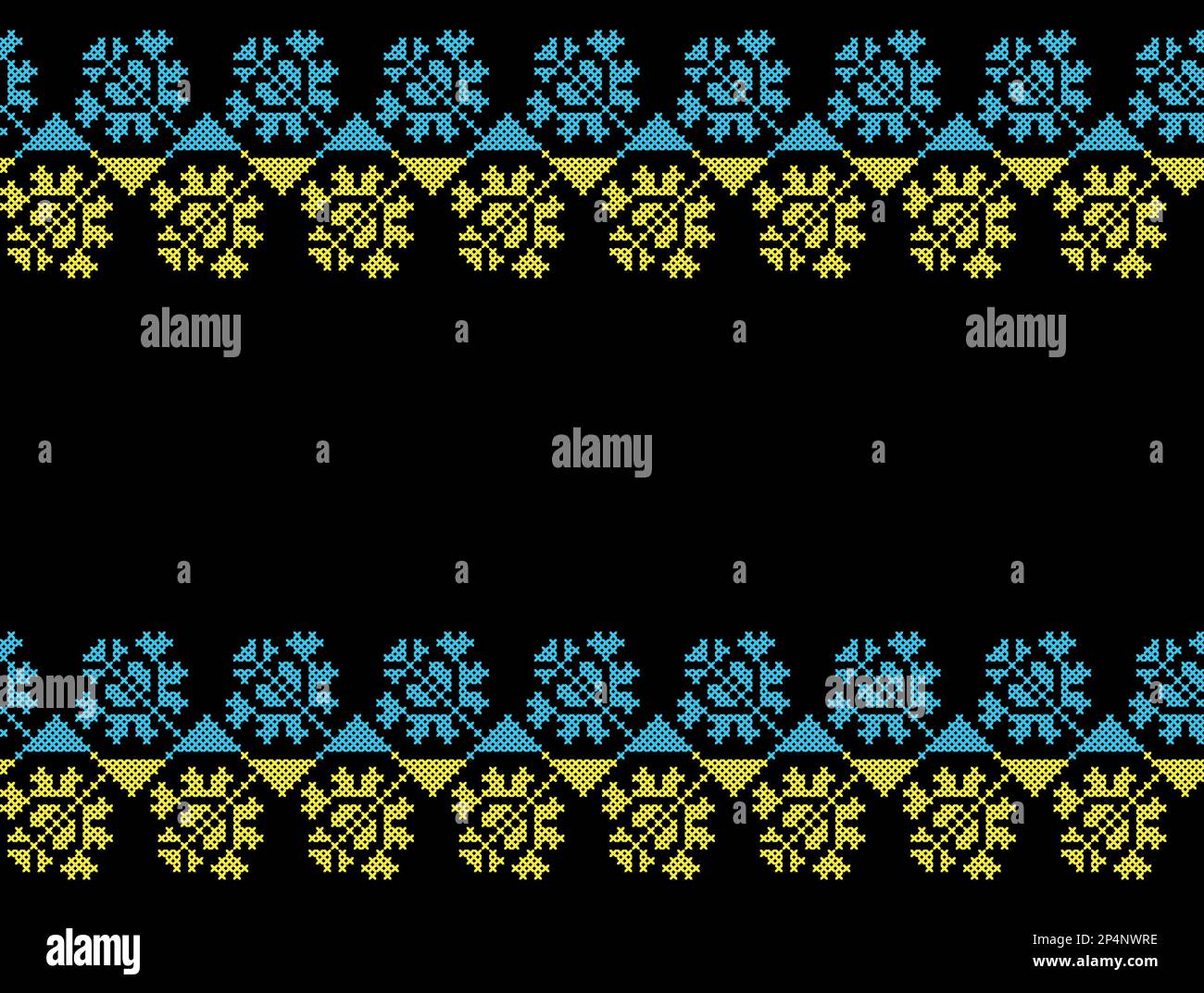 Sfondo vettoriale ucraino, banner, poster.folk tradizionale, ornamento etnico. Bordo nei colori giallo e blu bandiera Ucraina. Pixel art, vyshyvanka Illustrazione Vettoriale