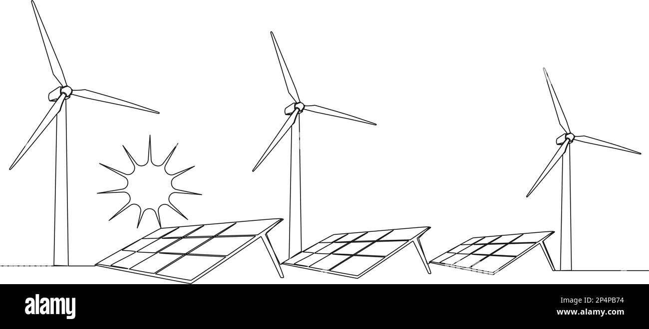 disegno continuo a linea singola di energia solare e di energia eolica, illustrazione vettoriale di line art Illustrazione Vettoriale