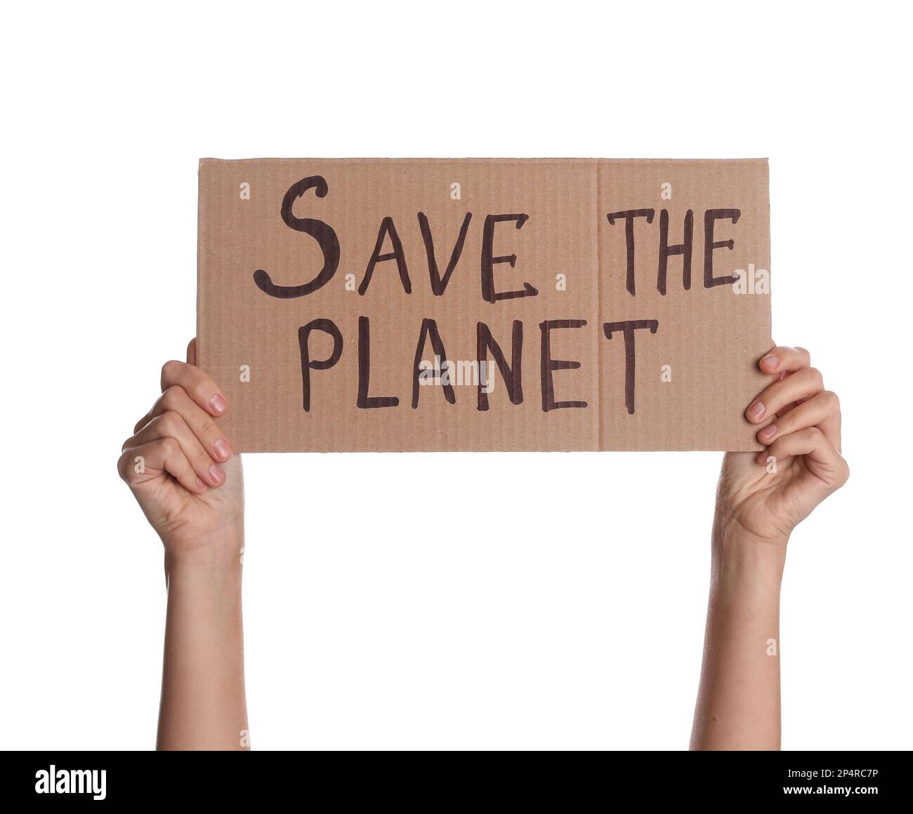 Protestante con cartellone con testo Salva il pianeta su sfondo bianco, primo piano. Sciopero sul clima Foto Stock