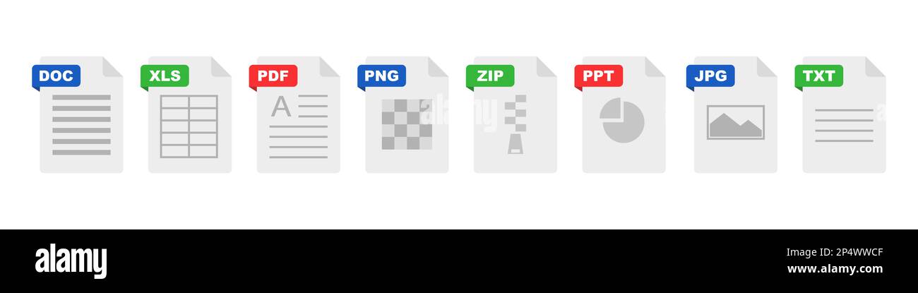 Set di icone piatte del formato file. Icone dei file di documento Illustrazione Vettoriale