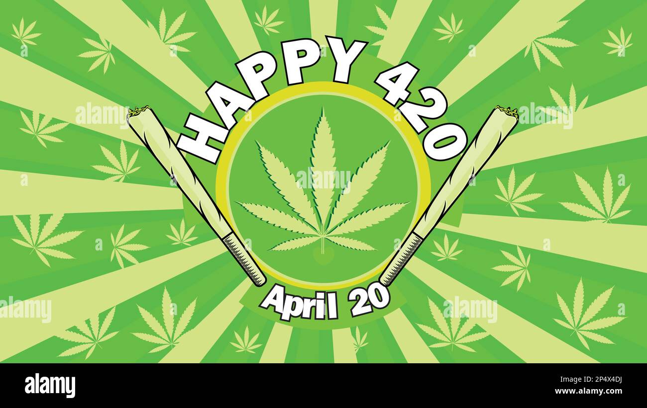 Felice 420 giorno vettore illustrazione sfondo. Happy 420 celebrato ogni anno il 20 aprile. Banner con marijuana o simbolo della pianta di cannabis Illustrazione Vettoriale