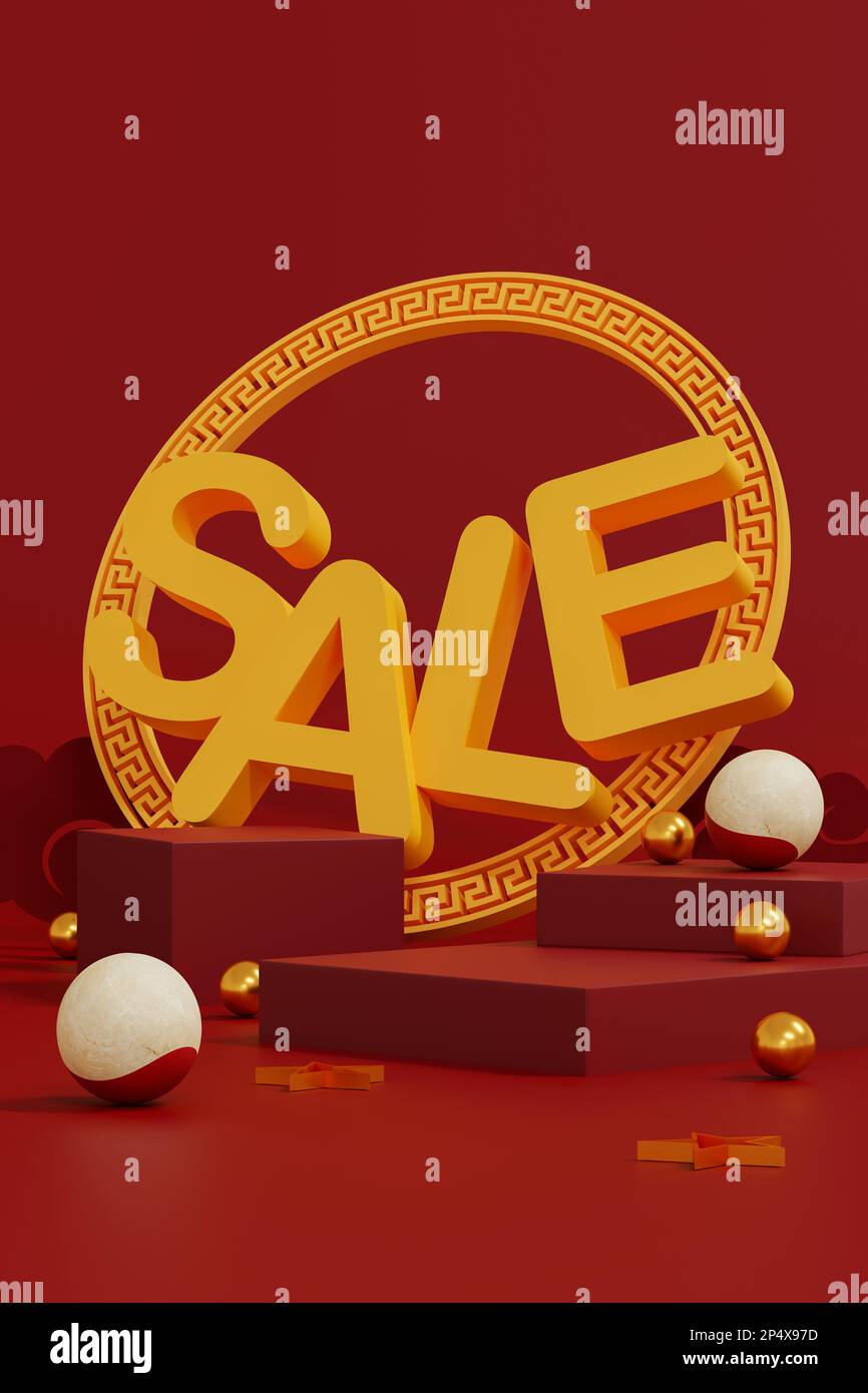 Una scena astratta e minimale. podio rosso per esposizione prodotti. piedistallo o piattaforma del tavolino. Anno nuovo cinese sfondo rosso e oro. banner di vendita Foto Stock