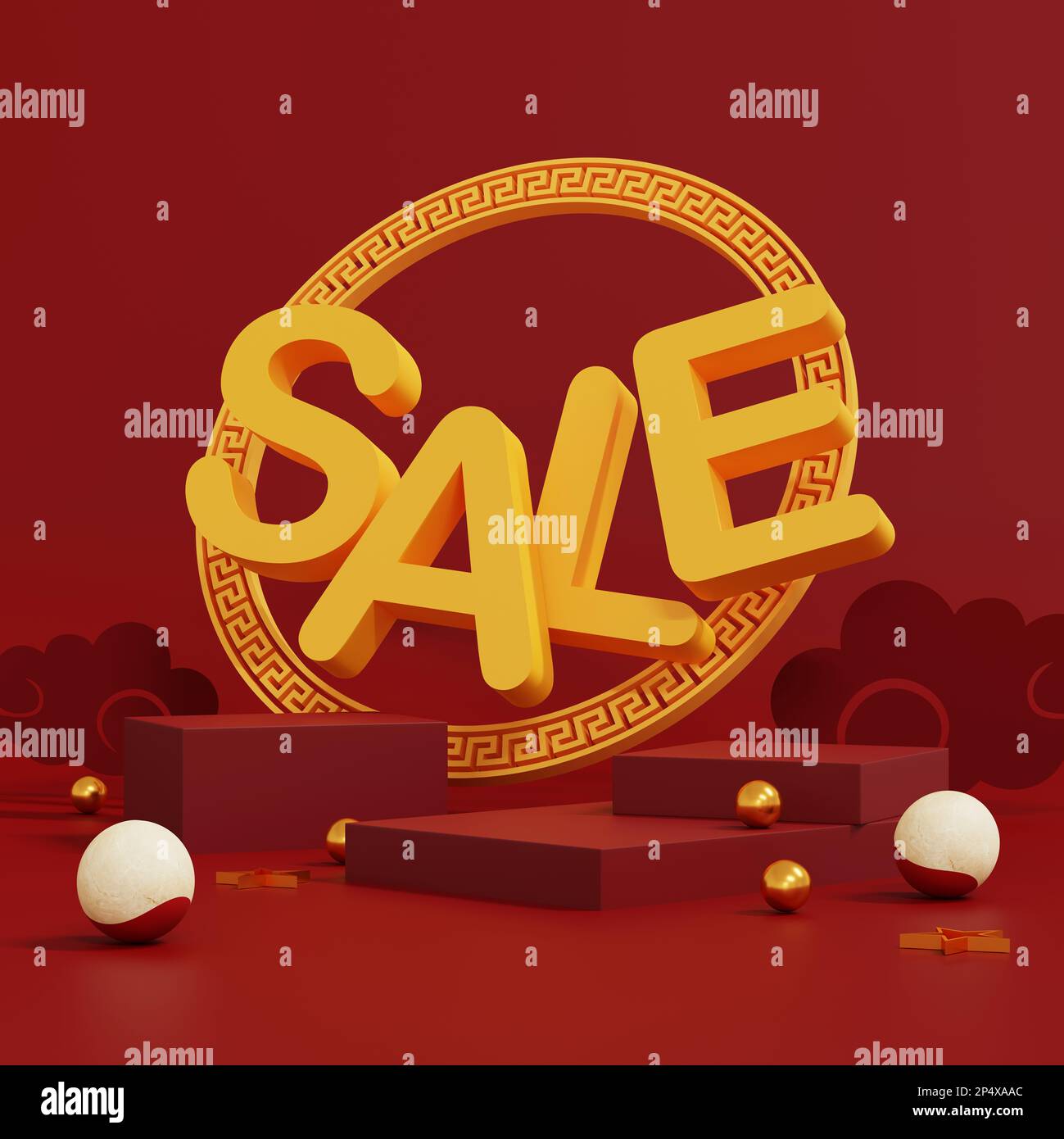 Una scena astratta e minimale. podio rosso per esposizione prodotti. piedistallo o piattaforma del tavolino. Anno nuovo cinese sfondo rosso e oro. banner di vendita Foto Stock