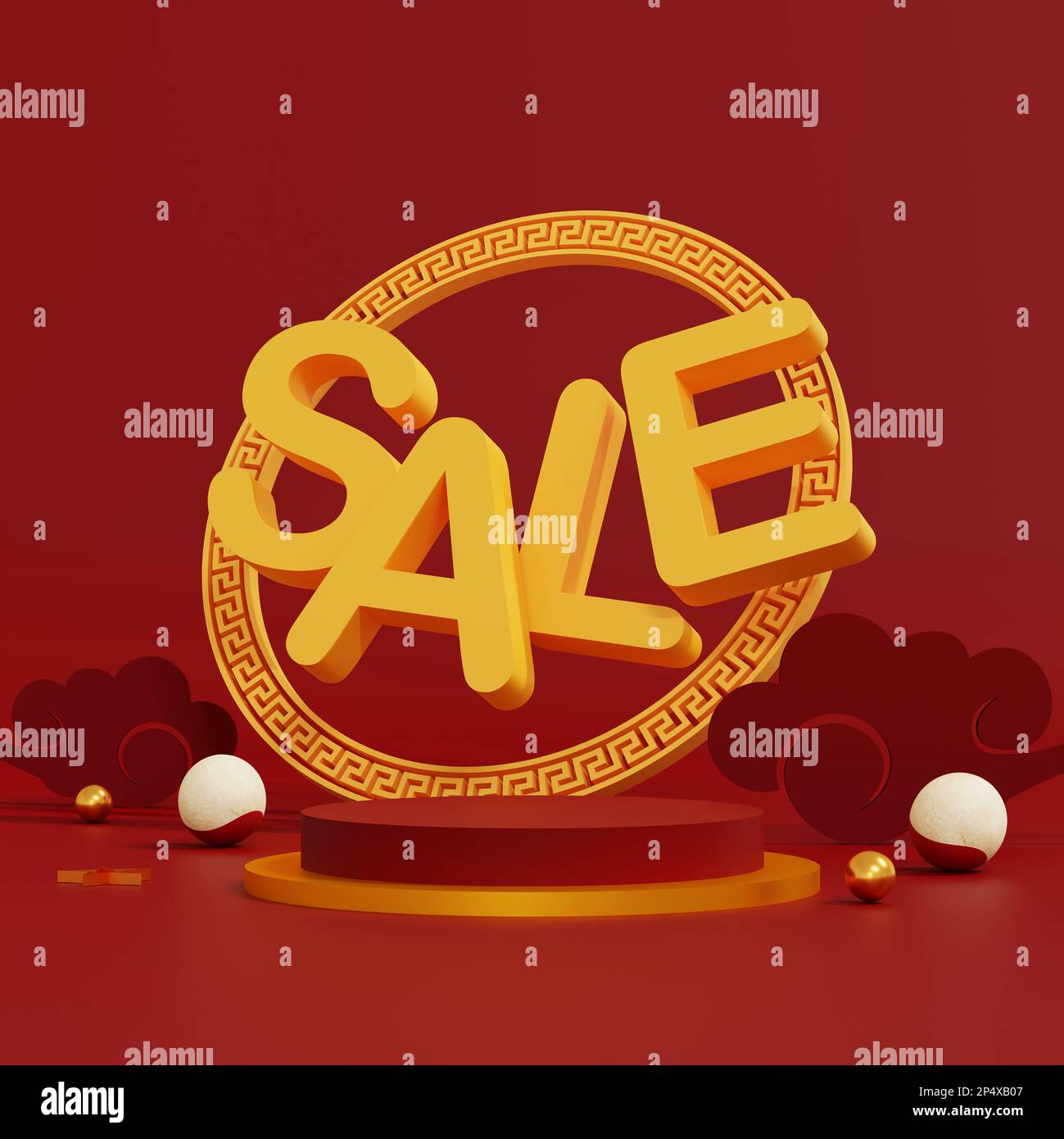 Una scena astratta e minimale. podio rosso per esposizione prodotti. piedistallo o piattaforma del tavolino. Anno nuovo cinese sfondo rosso e oro. banner di vendita Foto Stock