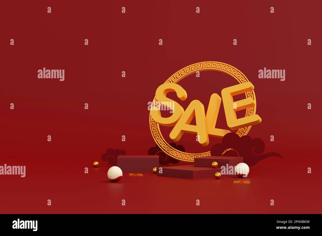 Una scena astratta e minimale. podio rosso per esposizione prodotti. piedistallo o piattaforma del tavolino. Anno nuovo cinese sfondo rosso e oro. banner di vendita Foto Stock