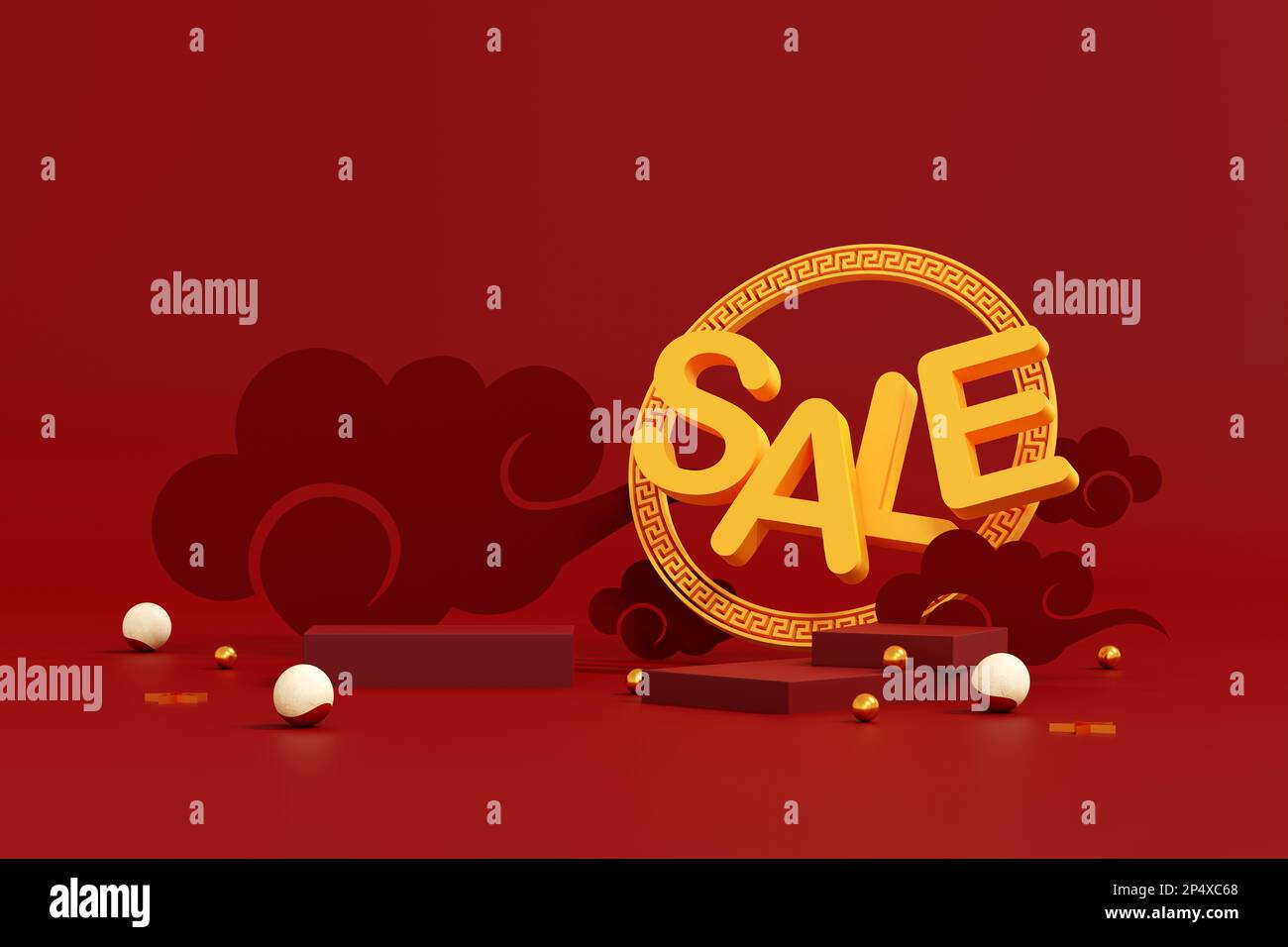 Una scena astratta e minimale. podio rosso per esposizione prodotti. piedistallo o piattaforma del tavolino. Anno nuovo cinese sfondo rosso e oro. banner di vendita Foto Stock