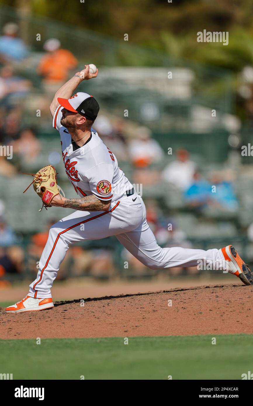 Sarasota FL USA; durante una partita di allenamento primaverile della MLB all'ed Smith Stadium. I Braves battono gli Orioles 3-2. (Kim Hukari/immagine dello sport) Foto Stock