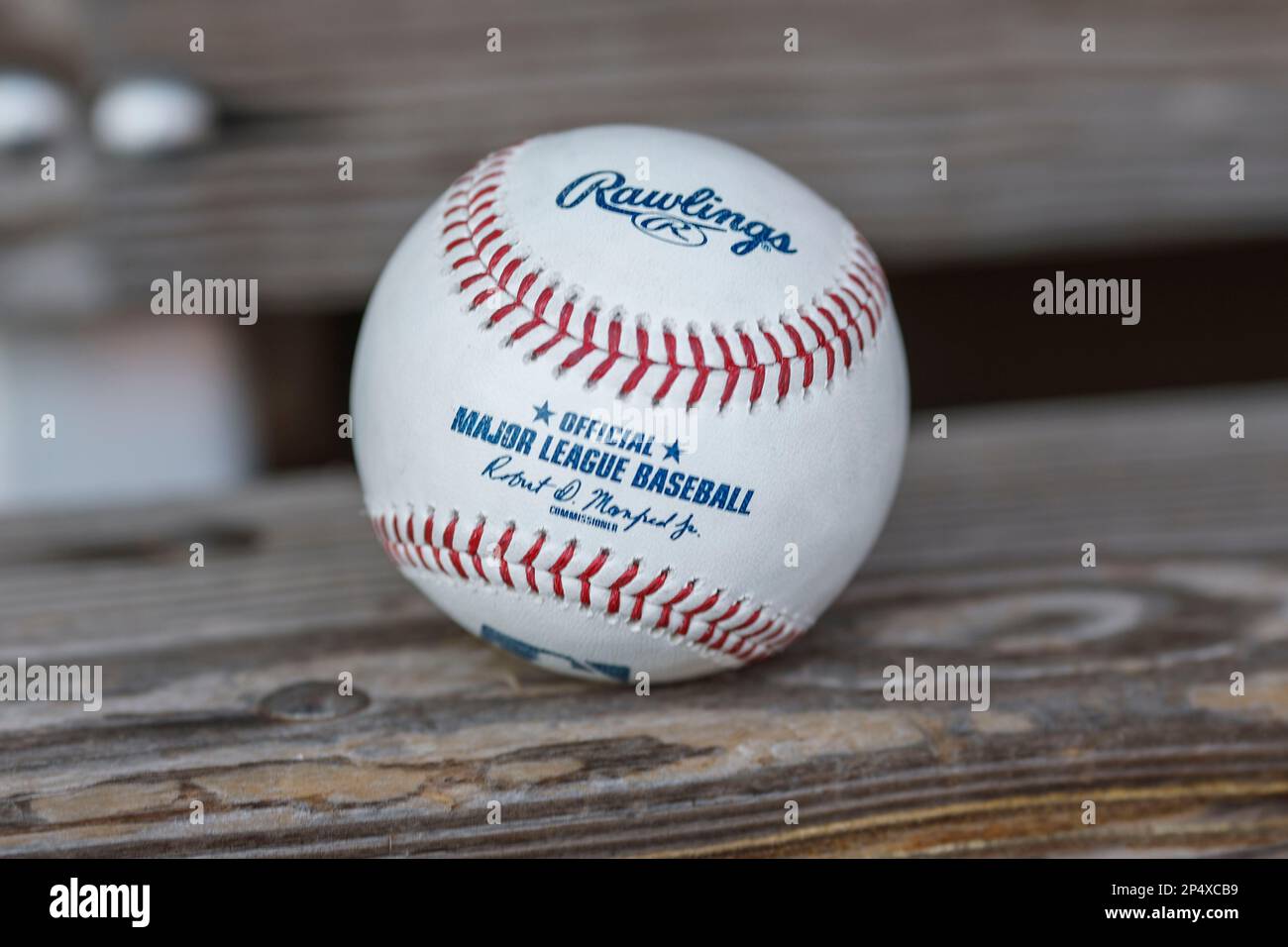 Sarasota FL USA; visione di un baseball ufficiale della MLB durante una partita di allenamento primaverile della MLB tra i Baltimore Orioles e gli Atlanta Braves t ed Smith Foto Stock