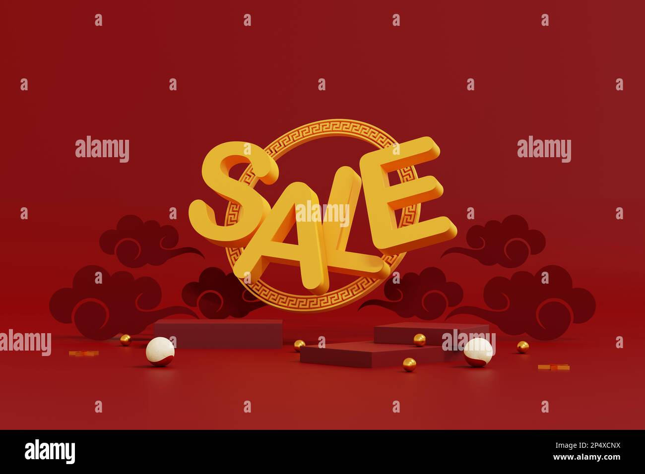 Una scena astratta e minimale. podio rosso per esposizione prodotti. piedistallo o piattaforma del tavolino. Anno nuovo cinese sfondo rosso e oro. banner di vendita Foto Stock
