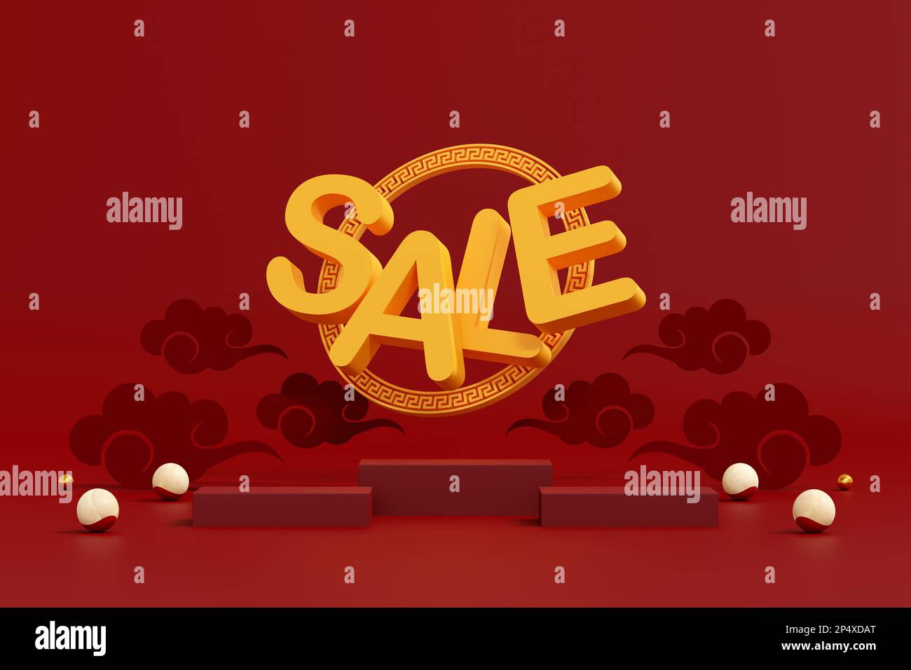 Una scena astratta e minimale. podio rosso per esposizione prodotti. piedistallo o piattaforma del tavolino. Anno nuovo cinese sfondo rosso e oro. banner di vendita Foto Stock