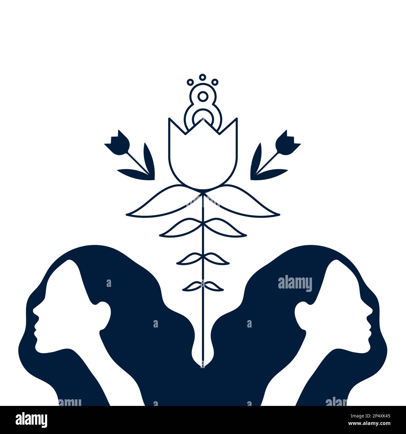Giornata internazionale della donna. Marzo 8. Ritratti di donne con fiore di tulipano e numero otto. Concetto di uguaglianza, femminismo, diritti della donna. Illustrazione del vettore Illustrazione Vettoriale