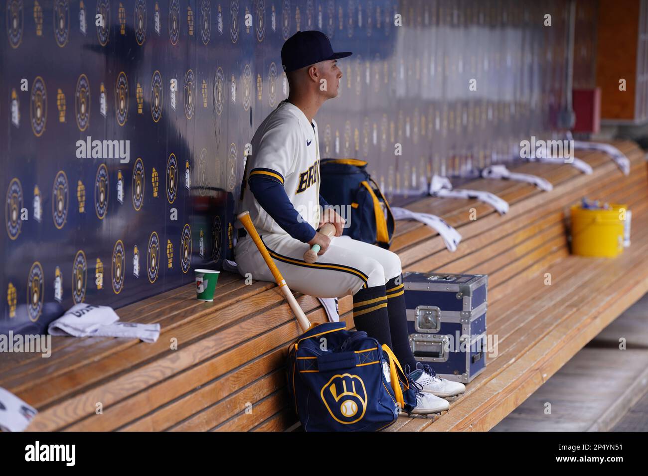 Milwaukee Brewers Outfielder, Joey Wiemer, all'American Family Fields di Phoenix, 2 marzo 2023. I Rangers sconfissero i Brewers 7-4. (Scott Finkelmey Foto Stock