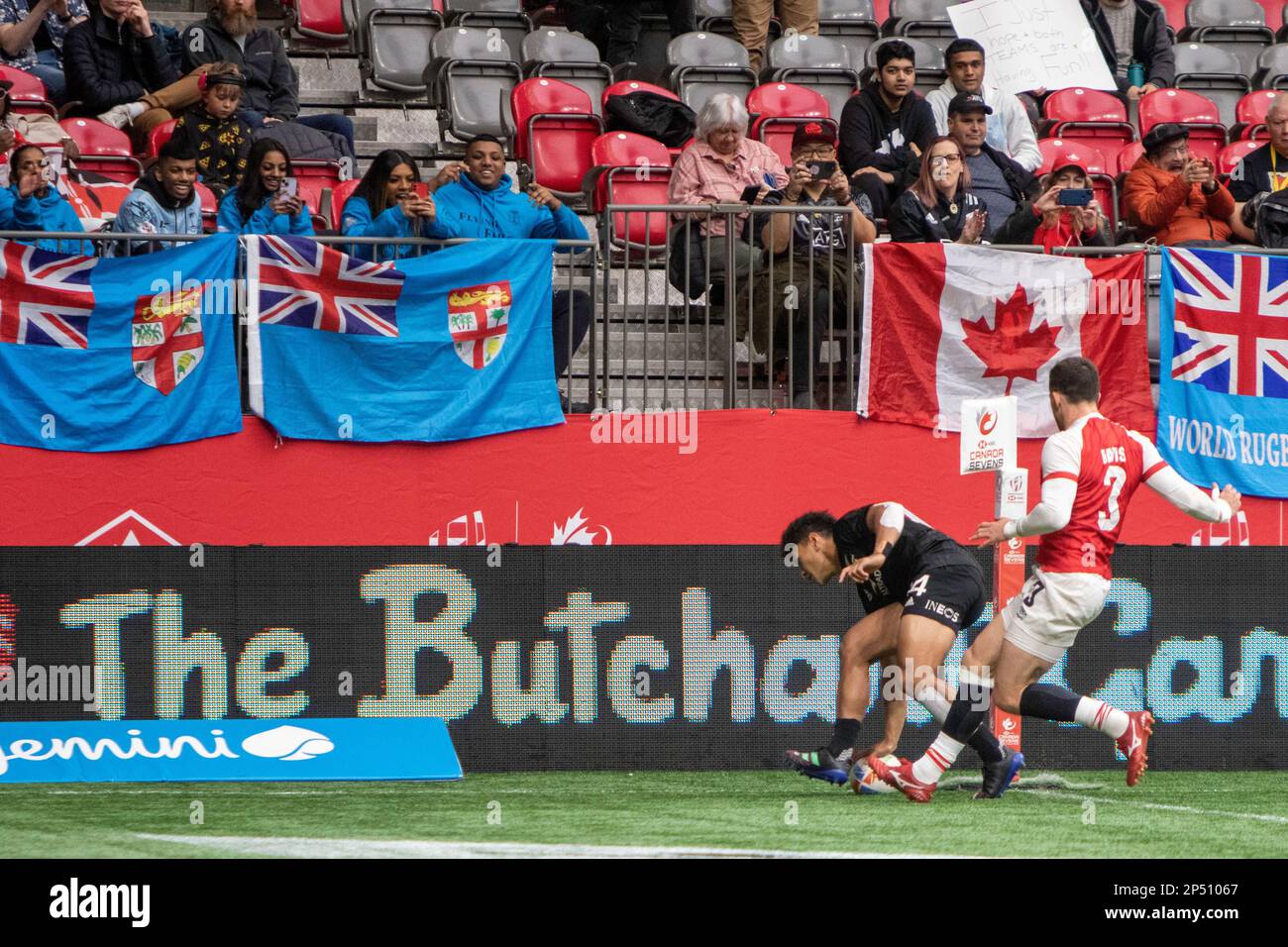 VANCOUVER, CANADA - Marzo 05: New Zealand contro Great Britan gioca per 5th durante la HSBC World Rugby Sevens Series 2023 al BC Place Stadium di Vancouver, Canada. (Foto di Tomaz Jr/PxImages) Foto Stock