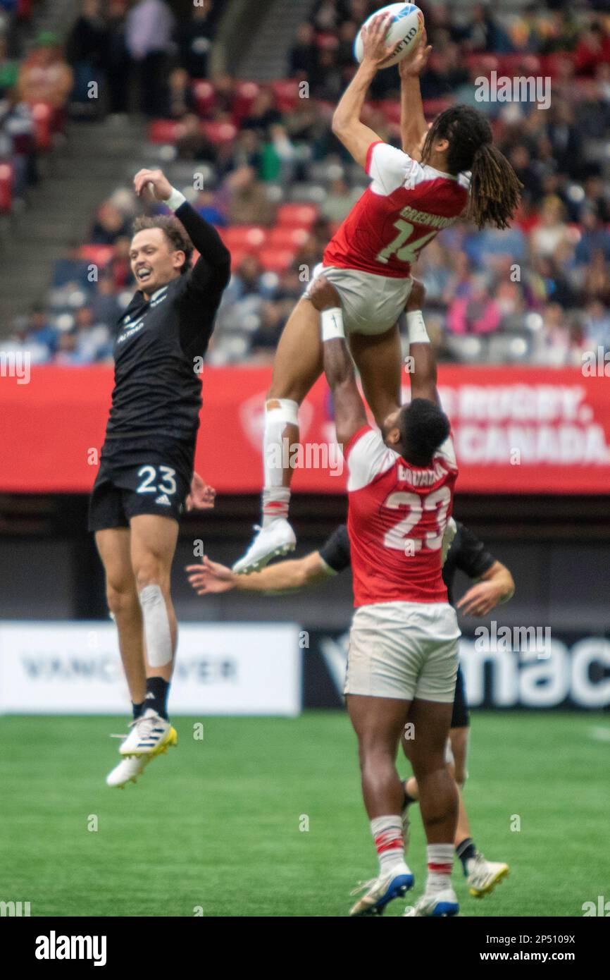 VANCOUVER, CANADA - Marzo 05: New Zealand contro Great Britan gioca per 5th durante la HSBC World Rugby Sevens Series 2023 al BC Place Stadium di Vancouver, Canada. (Foto di Tomaz Jr/PxImages) Foto Stock