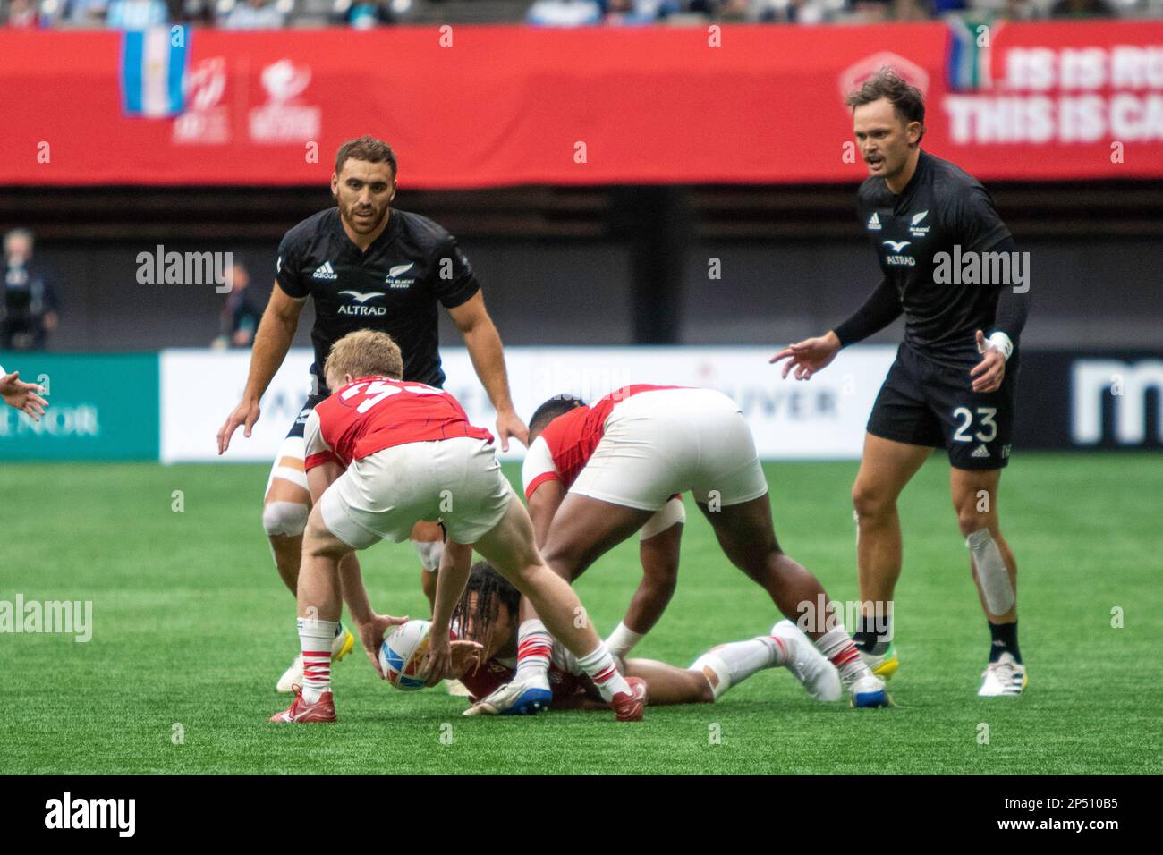 VANCOUVER, CANADA - Marzo 05: New Zealand contro Great Britan gioca per 5th durante la HSBC World Rugby Sevens Series 2023 al BC Place Stadium di Vancouver, Canada. (Foto di Tomaz Jr/PxImages) Foto Stock