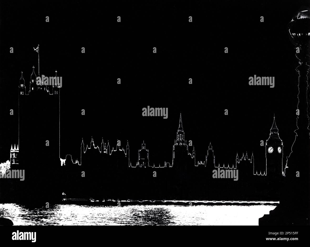 Una tradizionale stampa a effetto sabattier realizzata con processi di camera oscura bagnata nel 1970 delle Houses of Parliament e del Big ben, Westminster, Londra UK Foto Stock