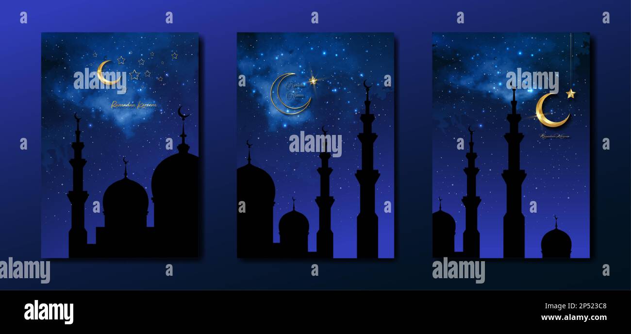 Ramadan Kareem 2023 Vector Set biglietto d'auguri. Mezza luna dorata su sfondo blu stellato. poster delle feste con testo, simbolo islamico. Banner musulmani Illustrazione Vettoriale