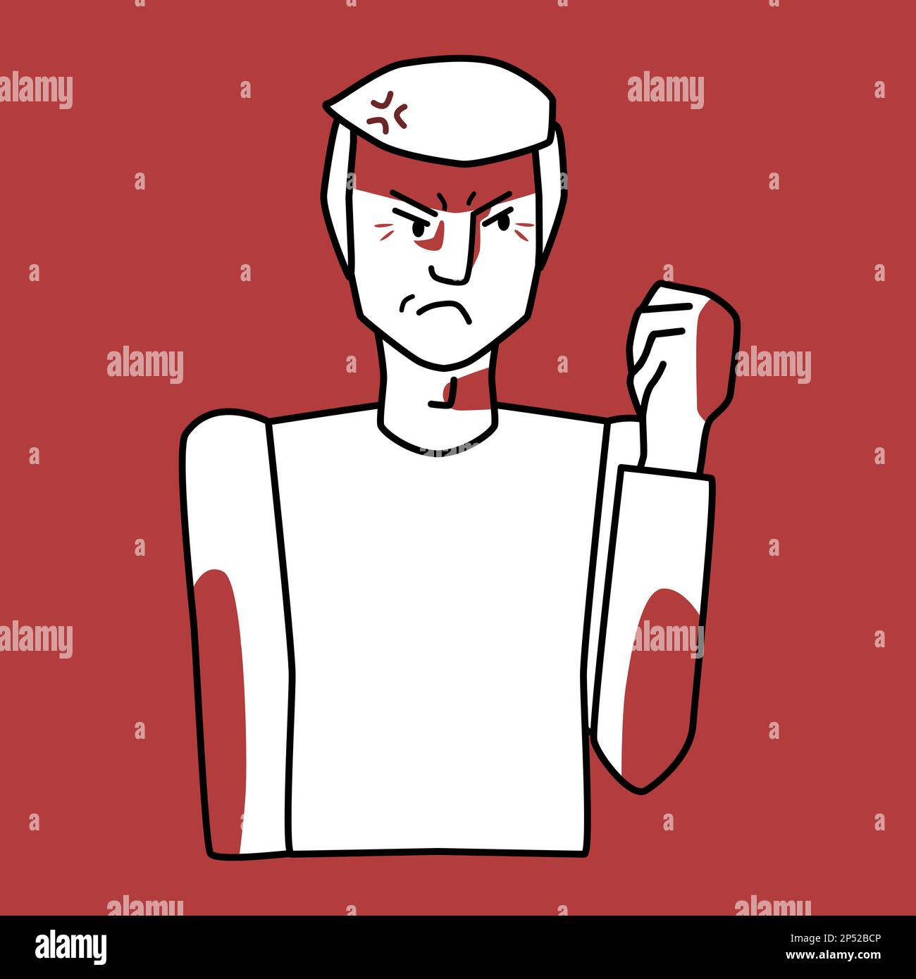 L'uomo bianco arrabbiato con capelli biondi minaccia con un pugno, rosso e bianco. Disegno dello stile di schizzo disegnato a mano, disegno vettoriale a metà corpo. Illustrazione Vettoriale