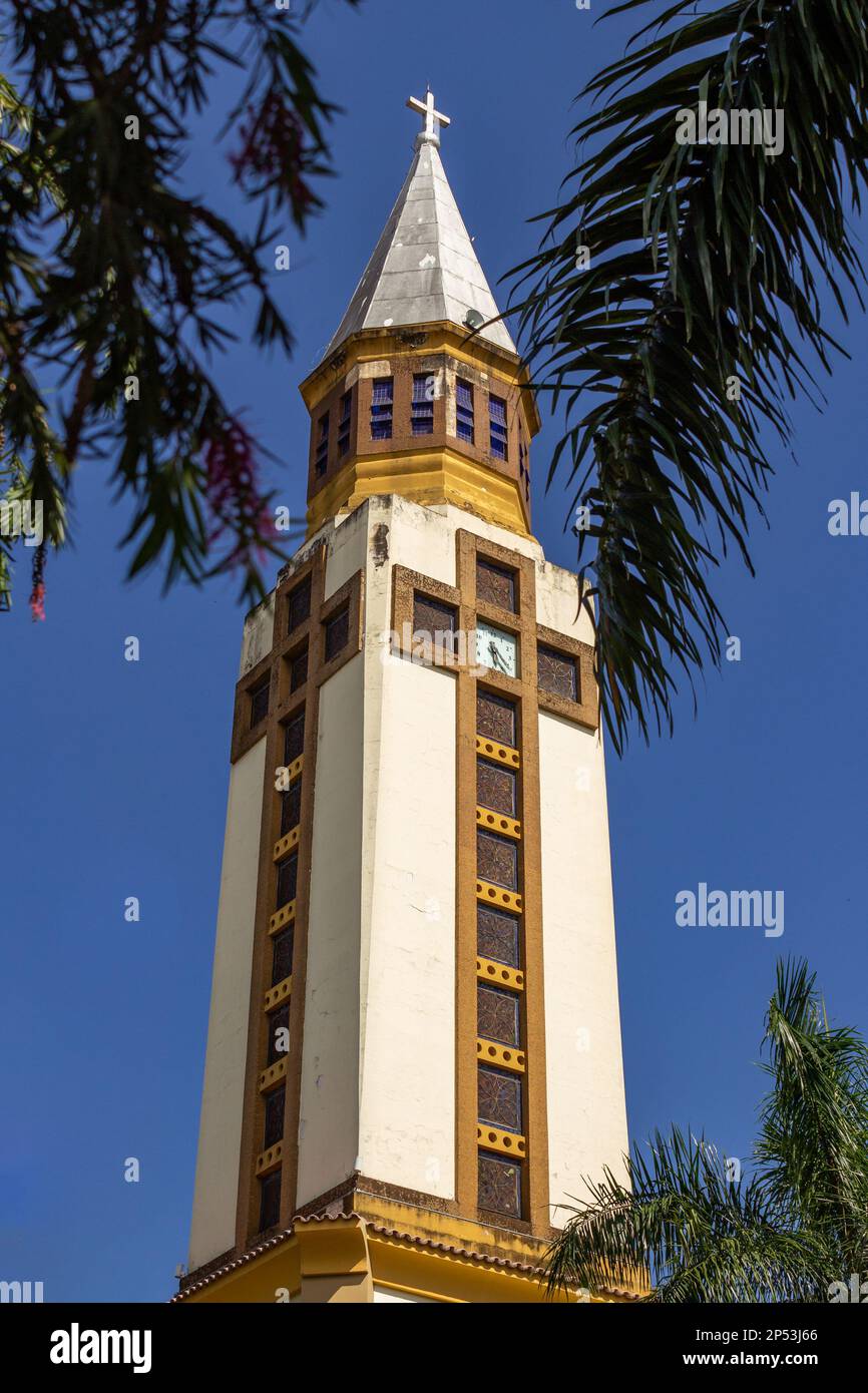 Goiania, Goias, Brasile – 05 marzo 2023: La cattedrale metropolitana di Goiânia, vista tra le foglie di palme da cocco. Formato verticale. Foto Stock