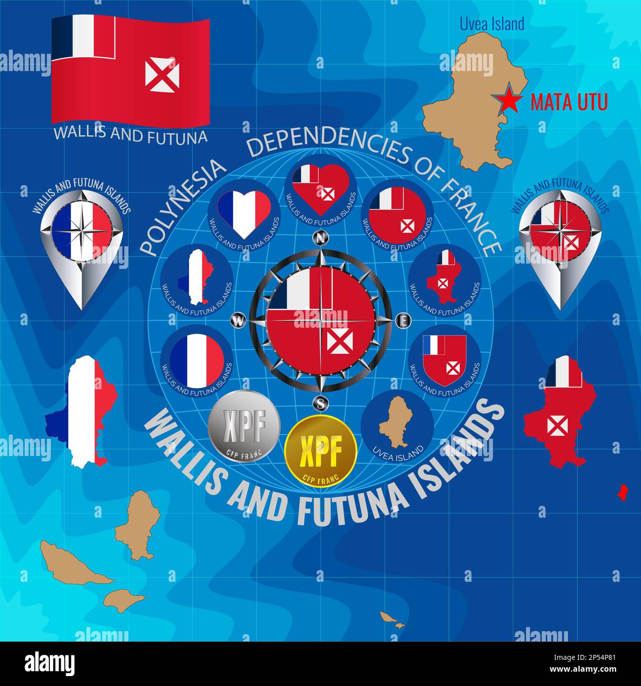 Insieme di illustrazioni di bandiera, mappa di contorno, denaro, icone di Wallis e Futuna Islands. Concetto di viaggio. Foto Stock