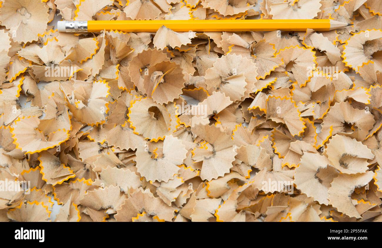 Matite affilate e raccolta di trucioli di legno. Foto Stock