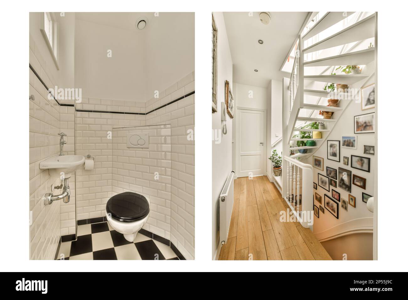 un piccolo bagno con piastrelle bianche e nere alle pareti, un bagno aperto nel pavimento è di legno tavole Foto Stock