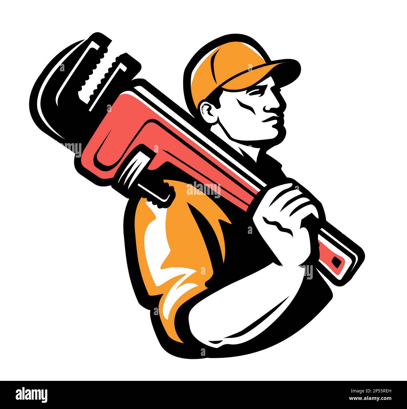 Idraulico con logo chiave idraulica. Logo del servizio tecnico, emblema. Illustrazione vettoriale per lavori di costruzione e riparazione Illustrazione Vettoriale