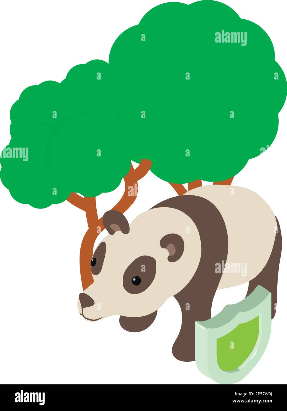 Icona di protezione animale vettore isometrico. Panda sotto l'albero protetto da scudo. Svanendo specie, protezione ambientale Illustrazione Vettoriale