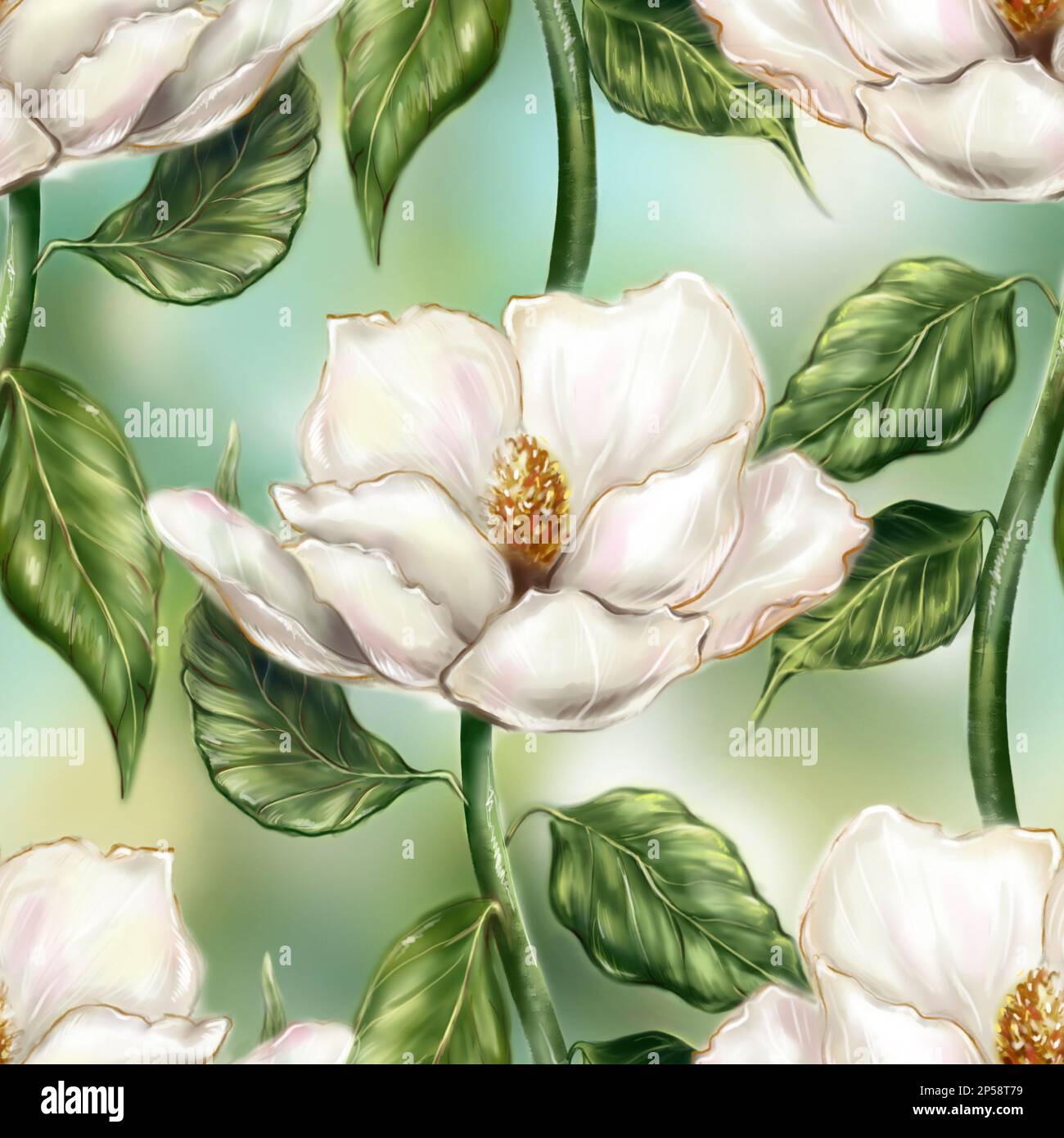 Bello bianco perla avorio magnolia fiore foglia ramo pianta computer grafica digitale acquerello arte senza cuciture motivo sfondo. Foto Stock