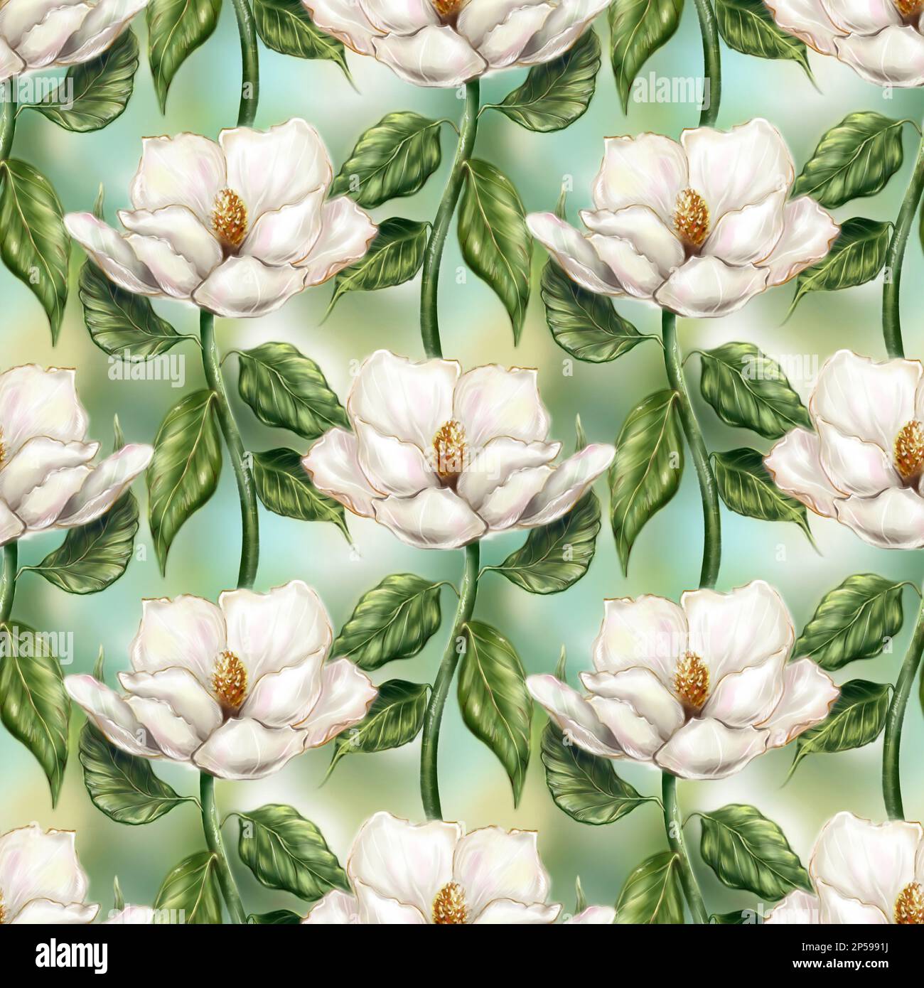 Bello bianco perla avorio magnolia fiore foglia ramo pianta computer grafica digitale acquerello arte senza cuciture motivo sfondo. Foto Stock