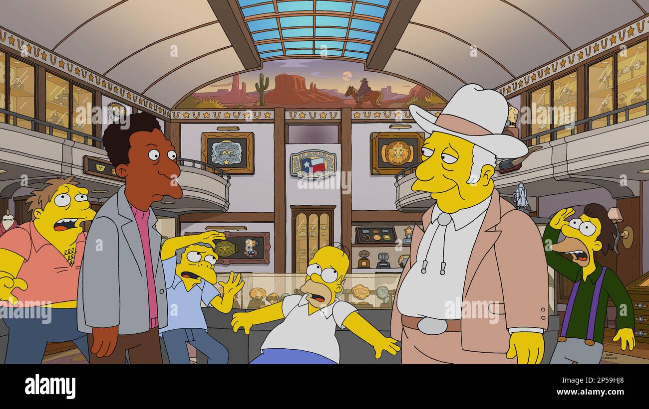 I SIMPSON, da sinistra: Barney Gumble (voce: Dan Castellaneta), Carl Carlson (voce: Alex Desert), Moe Szyllak (voce: Dan Castellaneta), Homer Simpson (voce: Dan Castellaneta), Richard Texan (voce: Dan Castellaneta), Lenny Leonard (voce: Harry Shearer), Carl Carlson cavalca di nuovo, ep, Stagione 34', ep. 3407, in onda il 26 febbraio 2023). Foto: ©Fox / courtesy Everett Collection Foto Stock