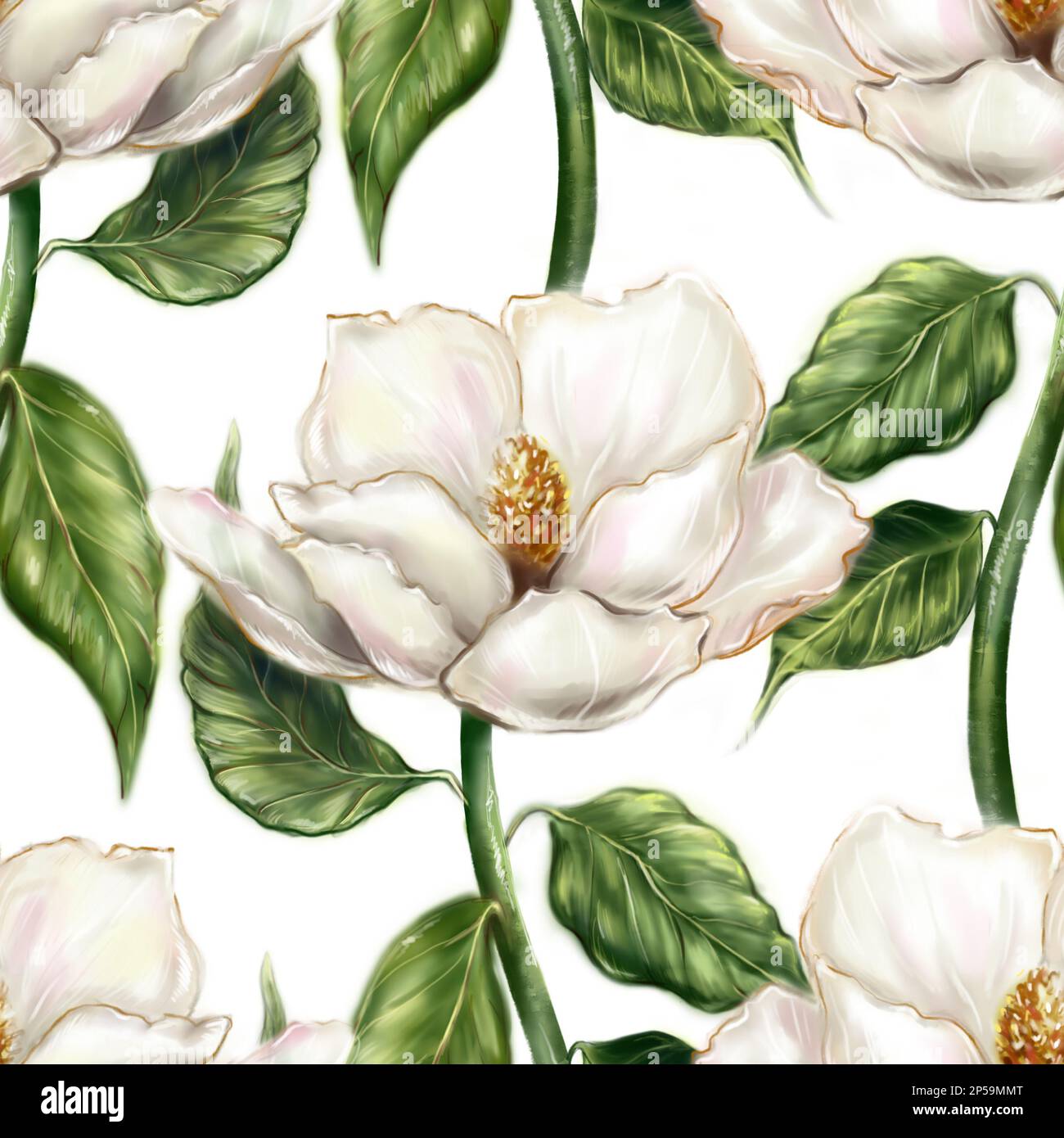Bello bianco perla avorio magnolia fiore foglia ramo pianta computer grafica digitale acquerello arte senza cuciture motivo sfondo. Foto Stock