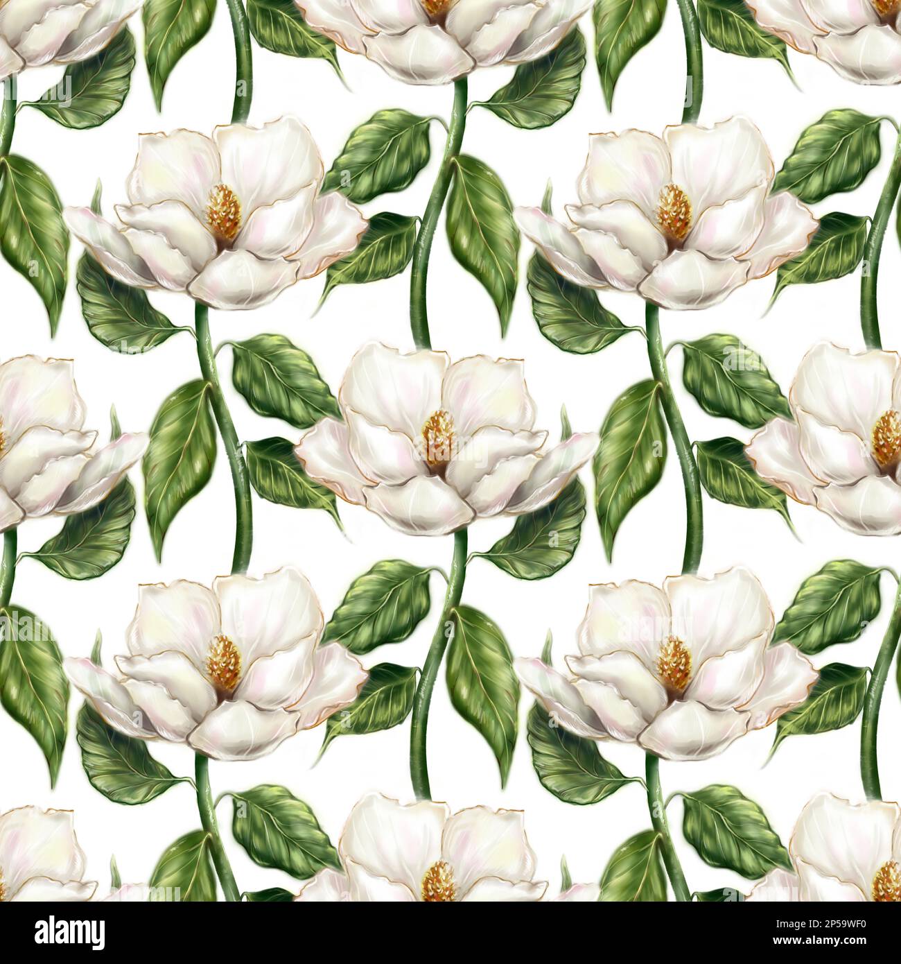 Bello bianco perla avorio magnolia fiore foglia ramo pianta computer grafica digitale acquerello arte senza cuciture motivo sfondo. Foto Stock