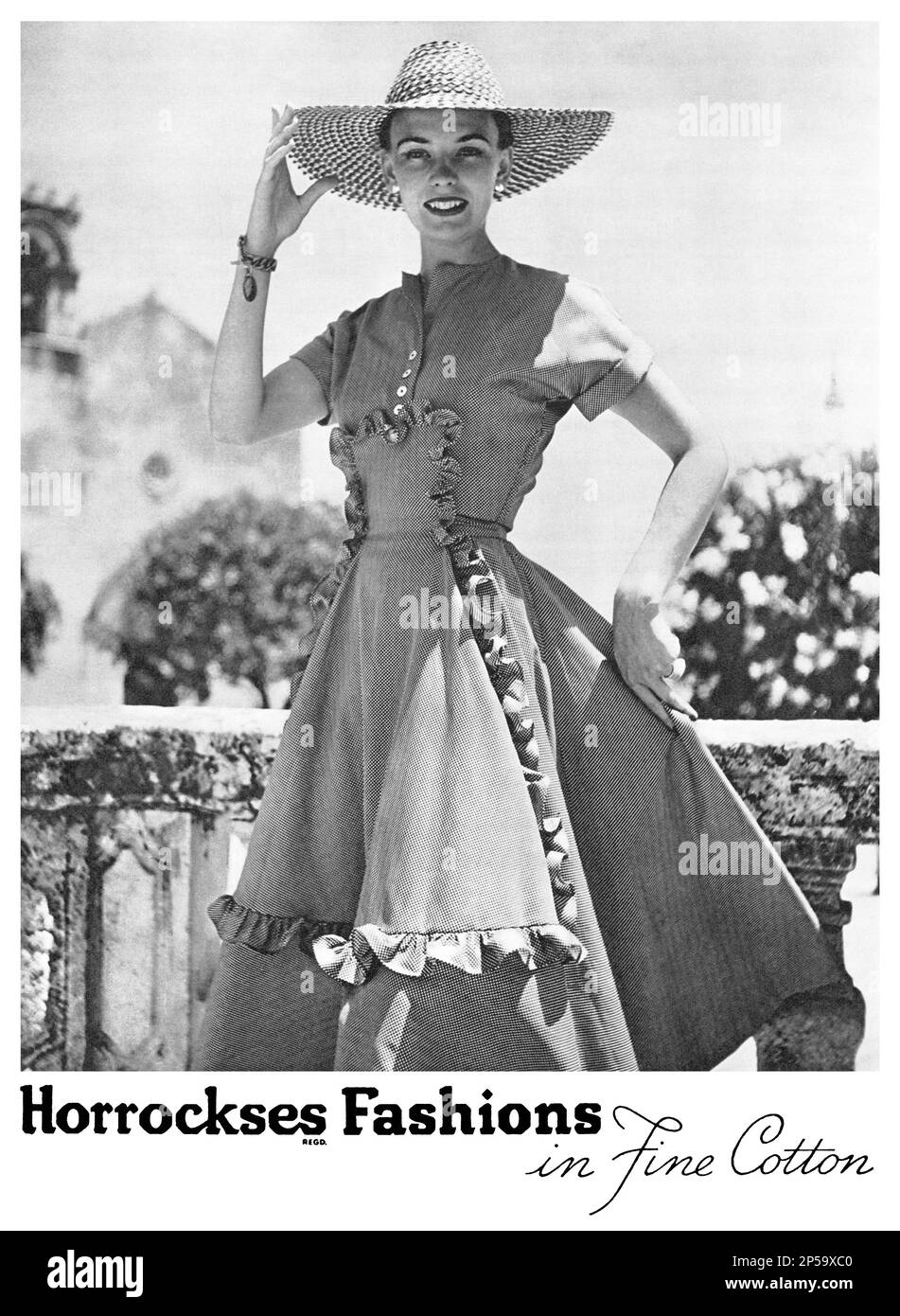 1951 pubblicità britannica per i tessuti di moda in cotone Horrockses. Foto Stock